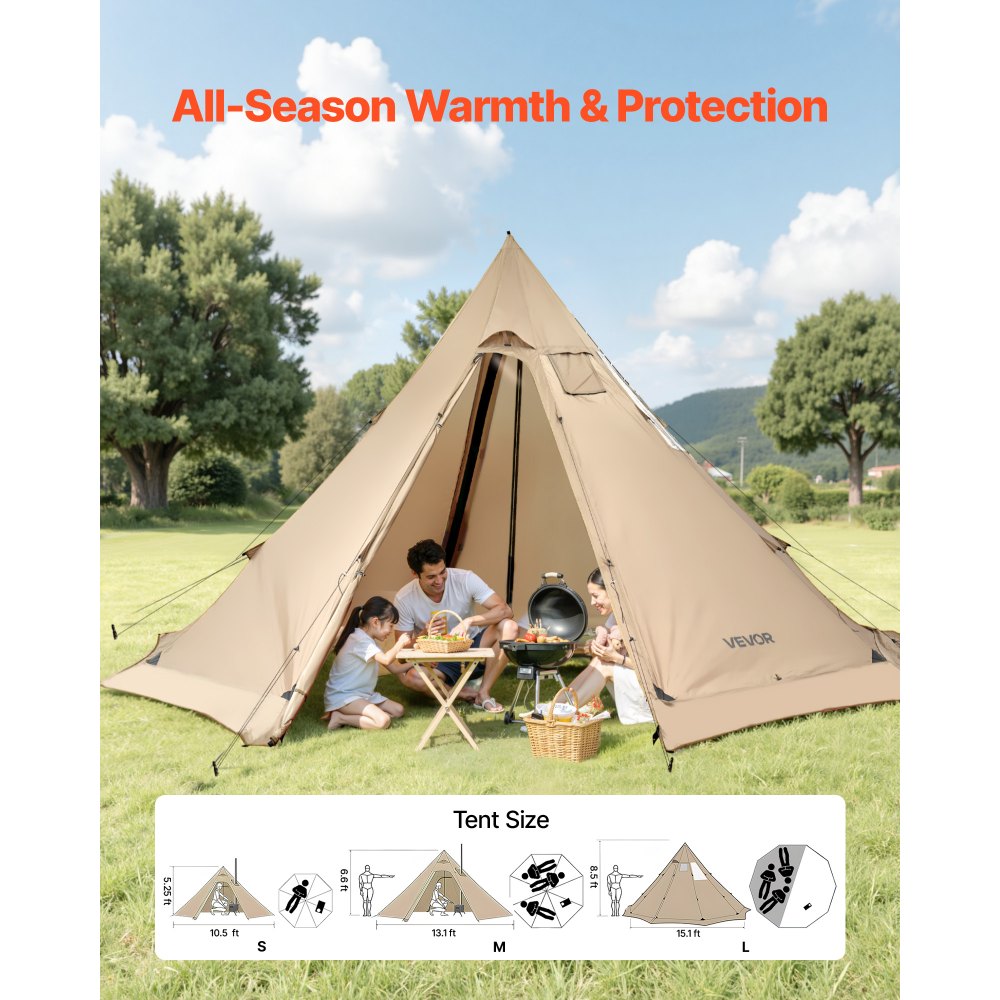 VEVOR Tienda de Campaña Caliente para 4-6 Personas, Tipi Portátil 460 x 460 x 260 cm con Conector para Estufa, Carpa Cónica de Lona Impermeable para Acampar, Senderismo, Pesca y Mochilero, Talla L