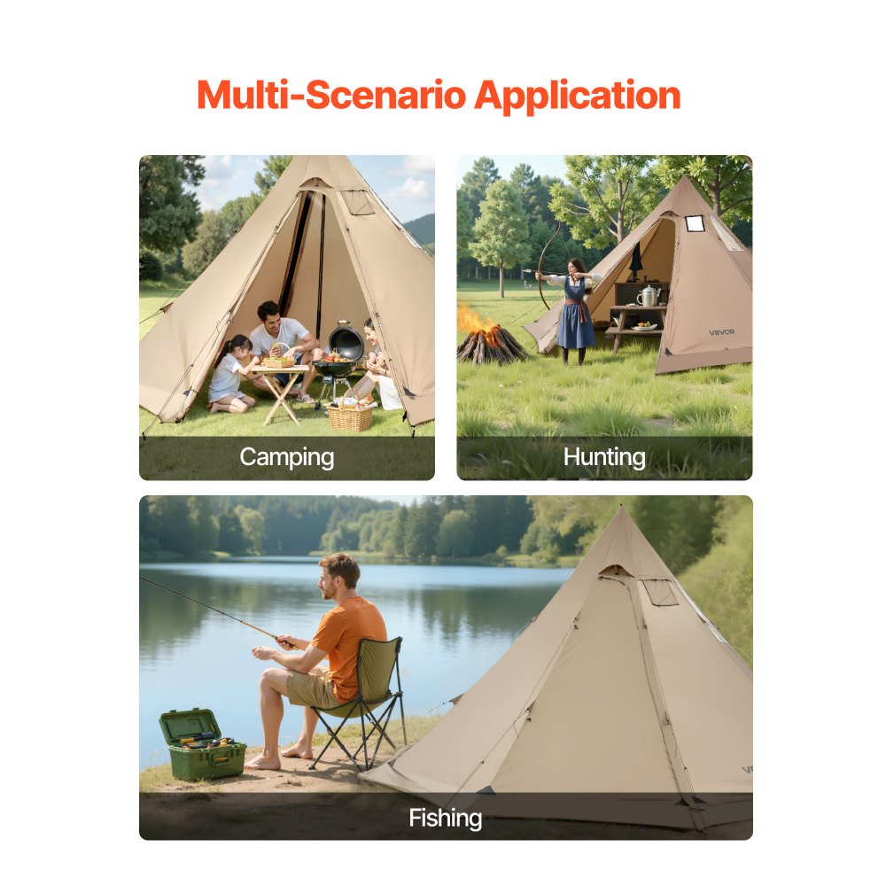 VEVOR Tienda de Campaña Caliente para 4-6 Personas, Tipi Portátil 460 x 460 x 260 cm con Conector para Estufa, Carpa Cónica de Lona Impermeable para Acampar, Senderismo, Pesca y Mochilero, Talla L