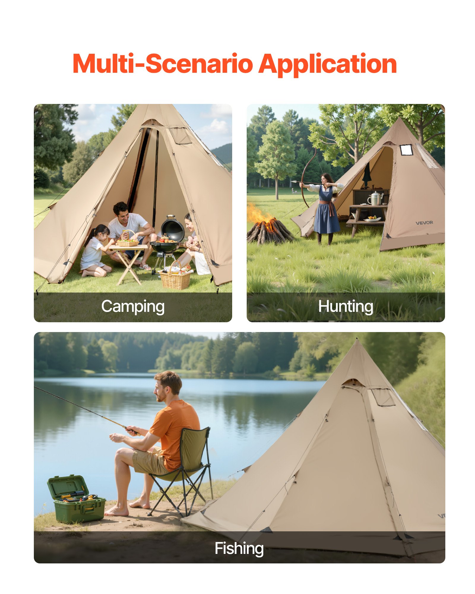 VEVOR Tienda de Campaña Caliente para 4-6 Personas, Tipi Portátil 460 x 460 x 260 cm con Conector para Estufa, Carpa Cónica de Lona Impermeable para Acampar, Senderismo, Pesca y Mochilero, Talla L
