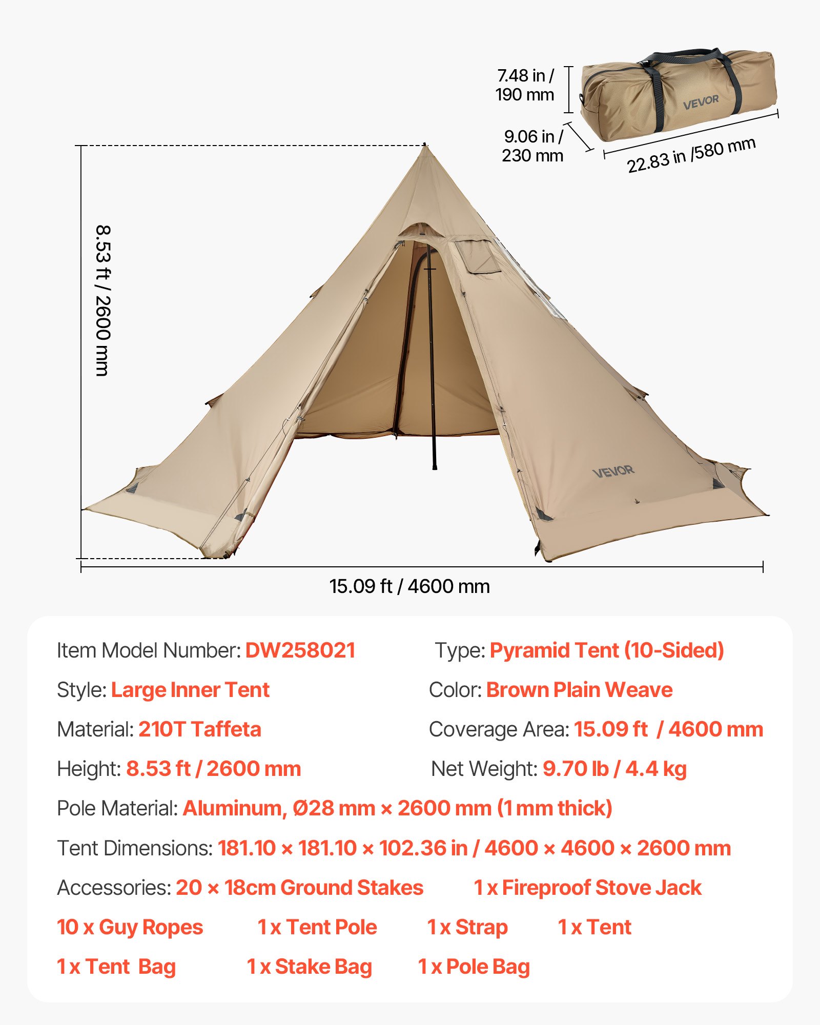 VEVOR Tienda de Campaña Caliente para 4-6 Personas, Tipi Portátil 460 x 460 x 260 cm con Conector para Estufa, Carpa Cónica de Lona Impermeable para Acampar, Senderismo, Pesca y Mochilero, Talla L