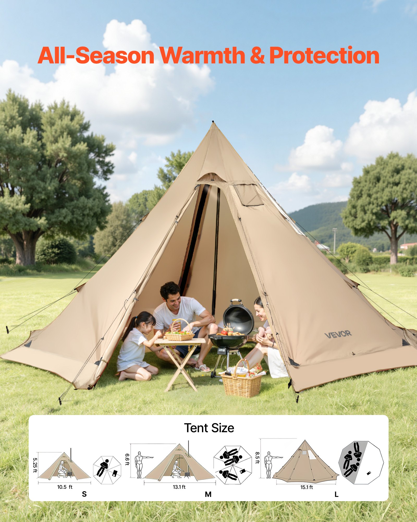 VEVOR Tienda de Campaña Caliente para 4-6 Personas, Tipi Portátil 460 x 460 x 260 cm con Conector para Estufa, Carpa Cónica de Lona Impermeable para Acampar, Senderismo, Pesca y Mochilero, Talla L