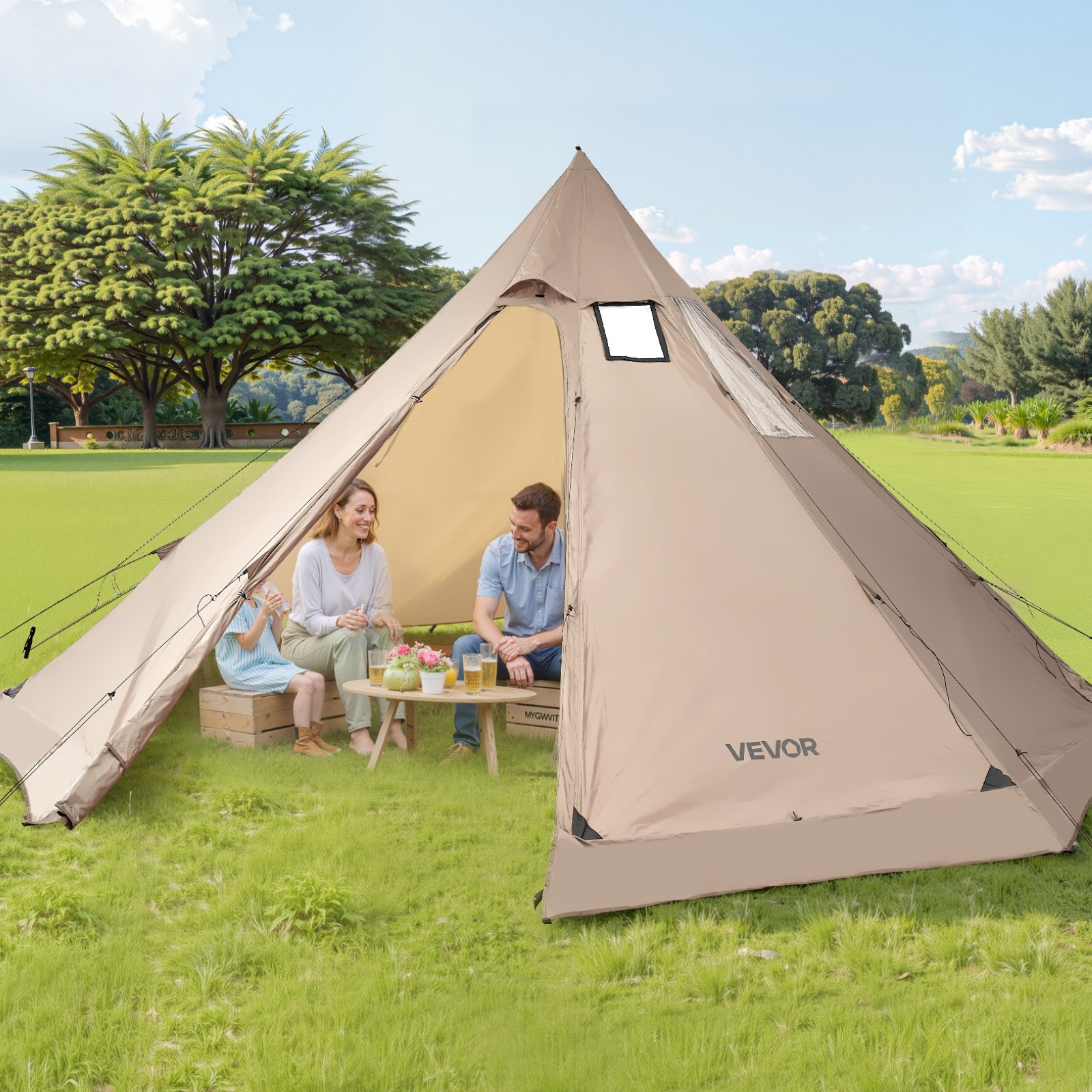VEVOR Tienda de Campaña Caliente para 4-6 Personas, Tipi Portátil 460 x 460 x 260 cm con Conector para Estufa, Carpa Cónica de Lona Impermeable para Acampar, Senderismo, Pesca y Mochilero, Talla L