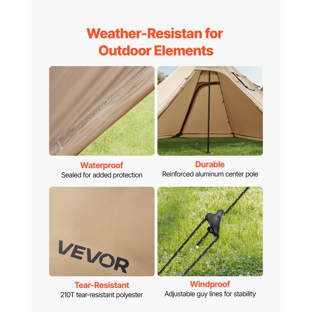 VEVOR Tienda de Campaña Caliente para 4 Personas, Tipi Portátil con Horno, Tienda Interior y Faldón para Nieve, Carpa Cónica de Lona Impermeable para Acampar, Senderismo, Pesca y Mochilero, Talla M