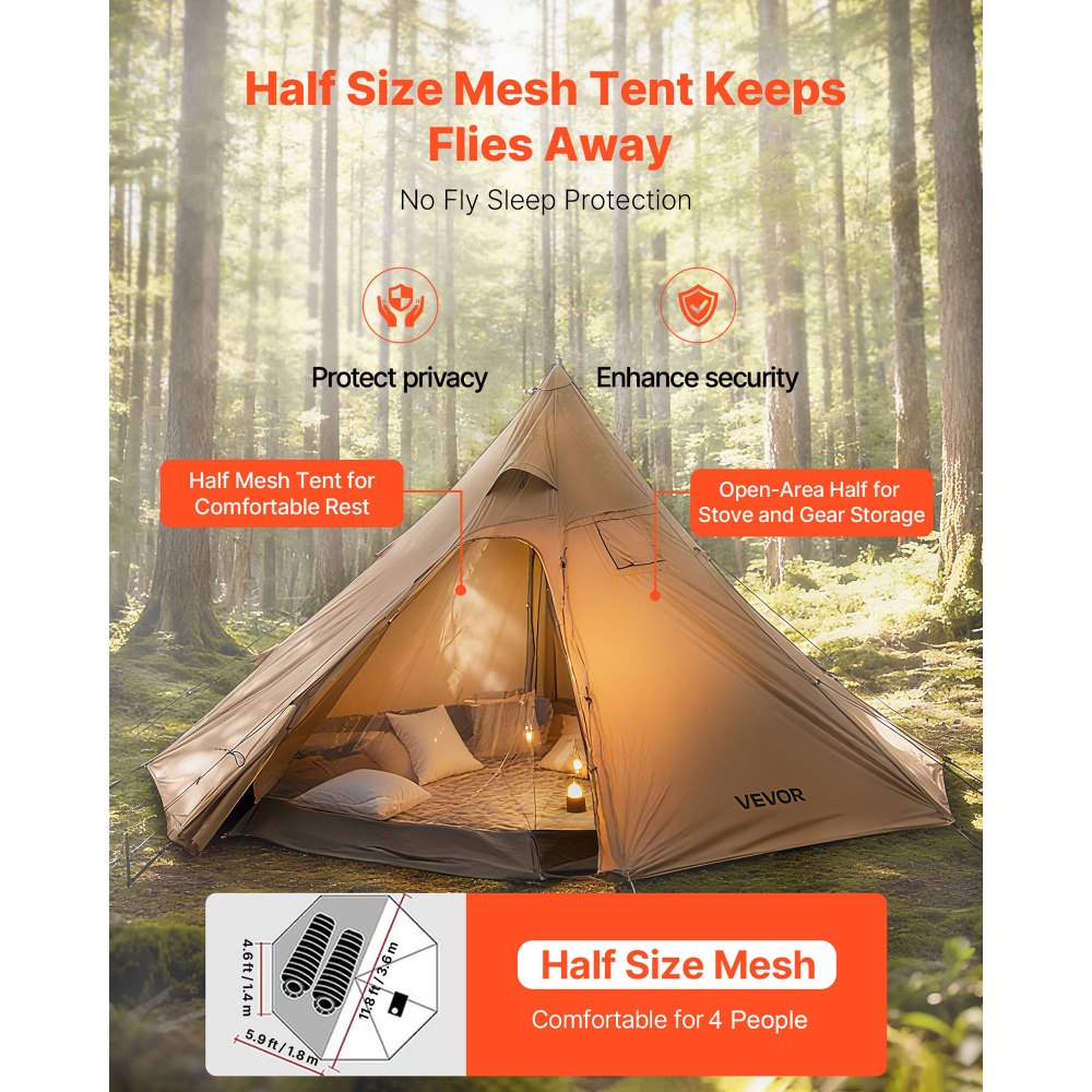 VEVOR Tienda de Campaña Caliente para 4 Personas, Tipi Portátil con Horno, Tienda Interior y Faldón para Nieve, Carpa Cónica de Lona Impermeable para Acampar, Senderismo, Pesca y Mochilero, Talla M