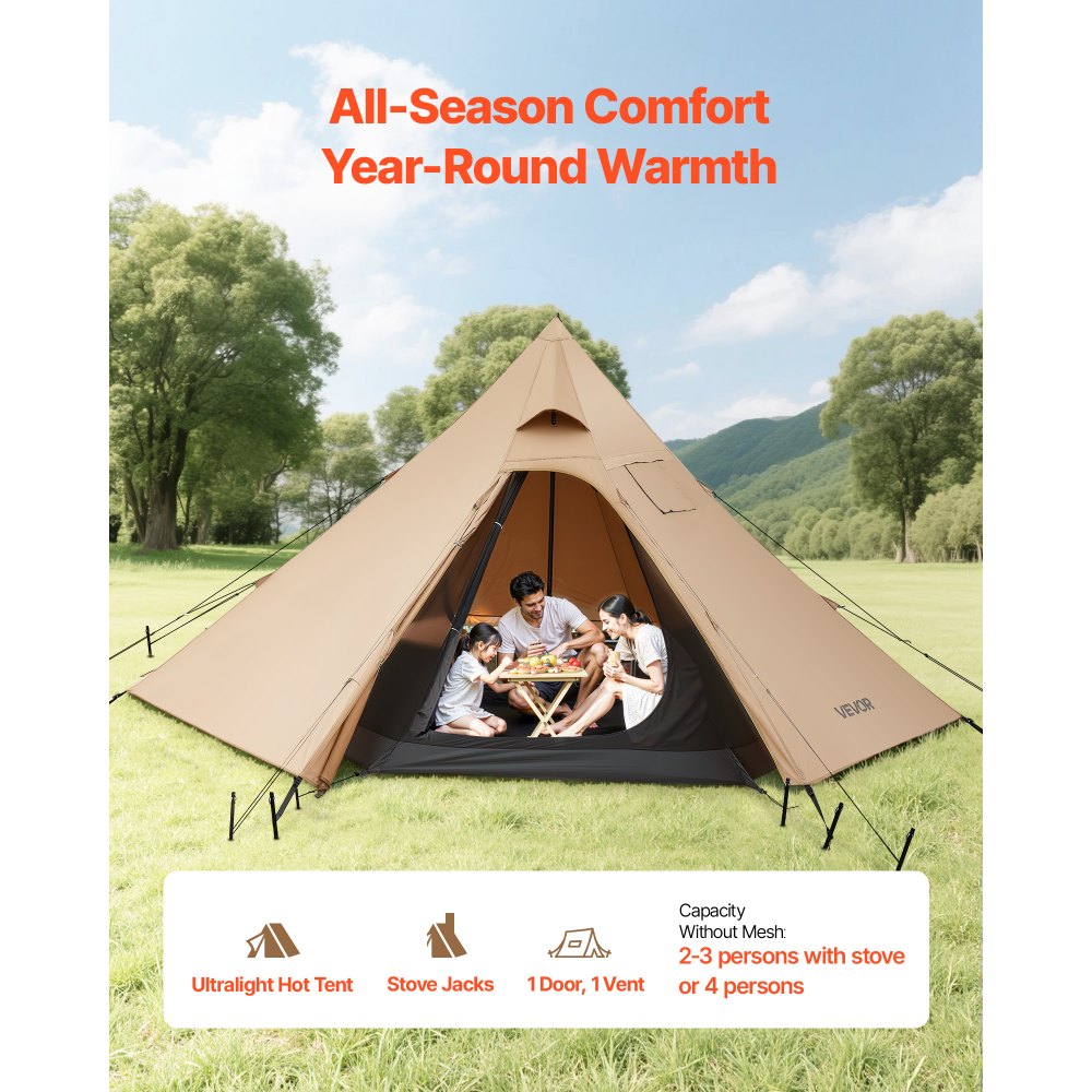 VEVOR Tienda de Campaña Caliente para 4 Personas, Tipi Portátil con Horno, Tienda Interior y Faldón para Nieve, Carpa Cónica de Lona Impermeable para Acampar, Senderismo, Pesca y Mochilero, Talla M