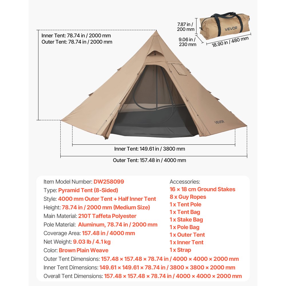 VEVOR Tienda de Campaña Caliente para 4 Personas, Tipi Portátil con Horno, Tienda Interior y Faldón para Nieve, Carpa Cónica de Lona Impermeable para Acampar, Senderismo, Pesca y Mochilero, Talla M