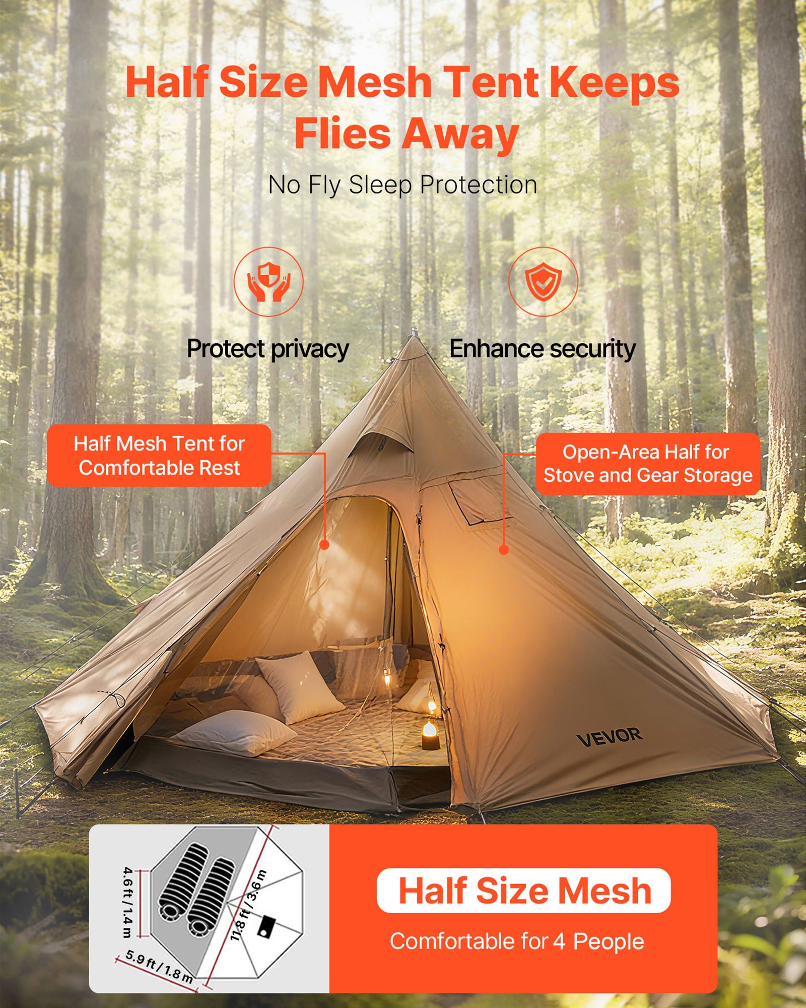 VEVOR Tienda de Campaña Caliente para 4 Personas, Tipi Portátil con Horno, Tienda Interior y Faldón para Nieve, Carpa Cónica de Lona Impermeable para Acampar, Senderismo, Pesca y Mochilero, Talla M