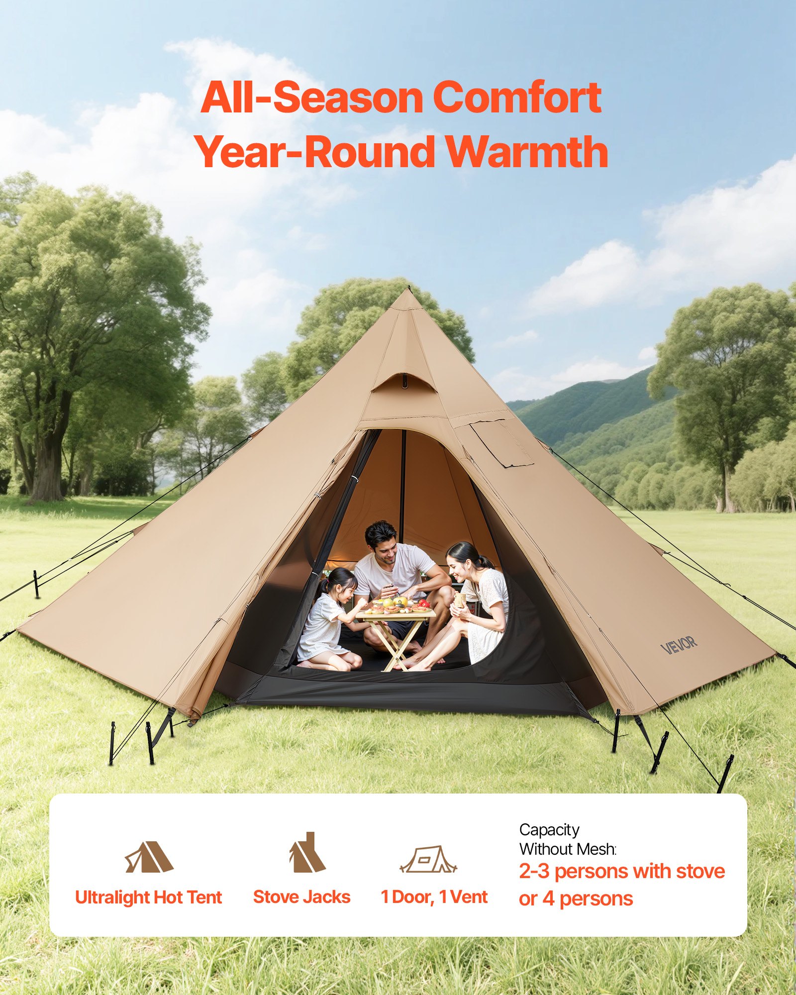 VEVOR Tienda de Campaña Caliente para 4 Personas, Tipi Portátil con Horno, Tienda Interior y Faldón para Nieve, Carpa Cónica de Lona Impermeable para Acampar, Senderismo, Pesca y Mochilero, Talla M