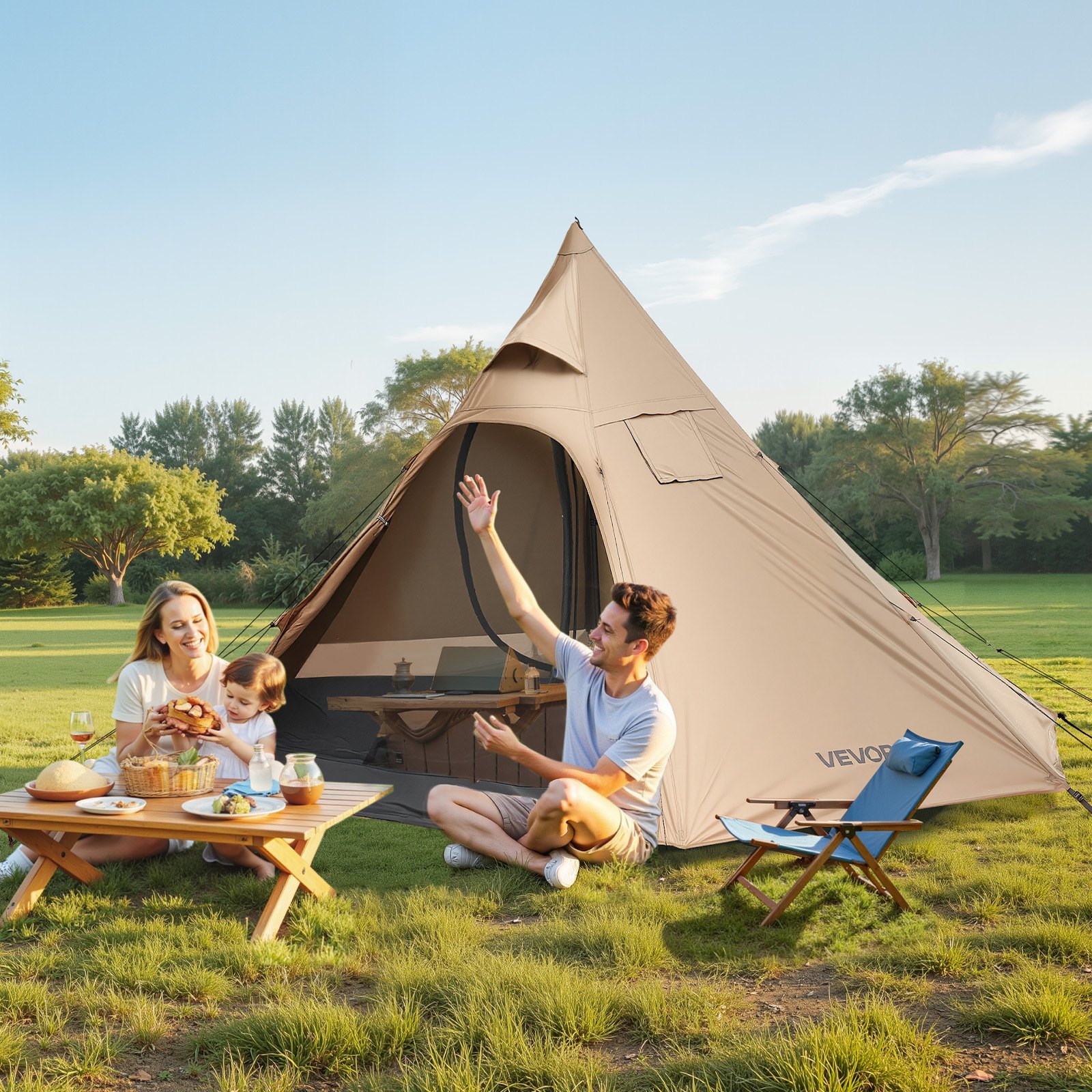 VEVOR Tienda de Campaña Caliente para 4 Personas, Tipi Portátil con Horno, Tienda Interior y Faldón para Nieve, Carpa Cónica de Lona Impermeable para Acampar, Senderismo, Pesca y Mochilero, Talla M