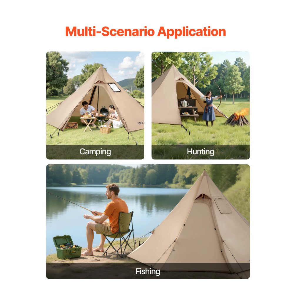 VEVOR Tienda de Campaña Caliente para 2 Personas, Tipi Portátil 320 x 320 x 160 cm con Conector para Estufa, Carpa Cónica de Lona Impermeable para Acampar, Senderismo, Pesca y Mochilero, Talla S