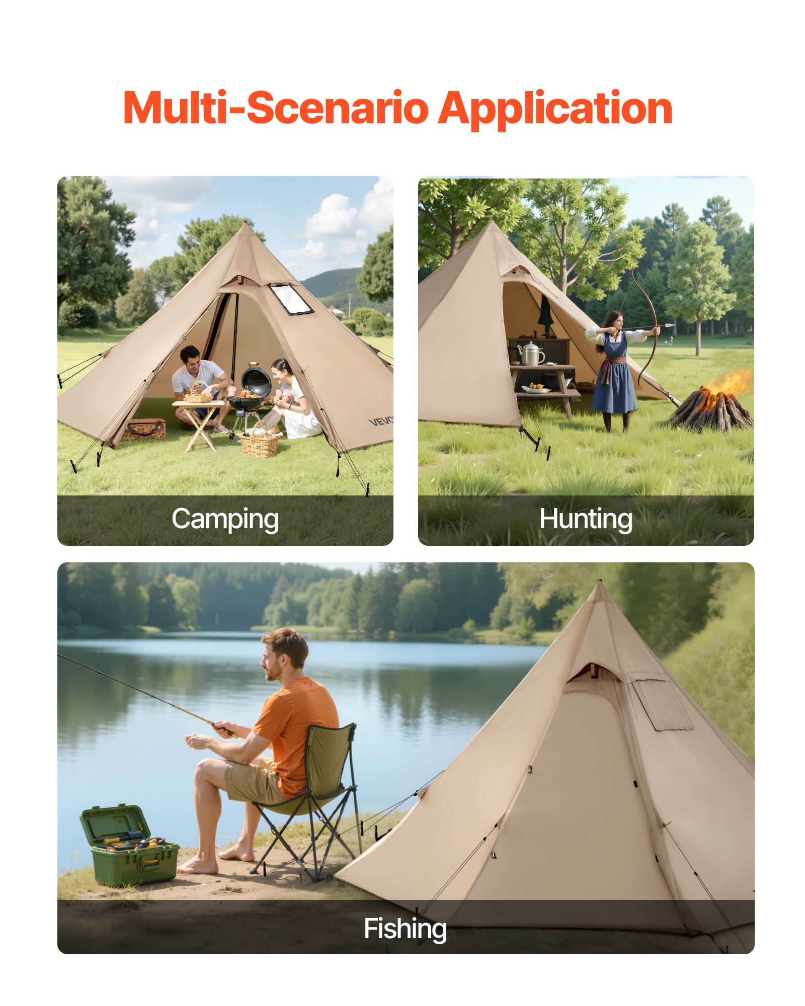 VEVOR Tienda de Campaña Caliente para 2 Personas, Tipi Portátil 320 x 320 x 160 cm con Conector para Estufa, Carpa Cónica de Lona Impermeable para Acampar, Senderismo, Pesca y Mochilero, Talla S