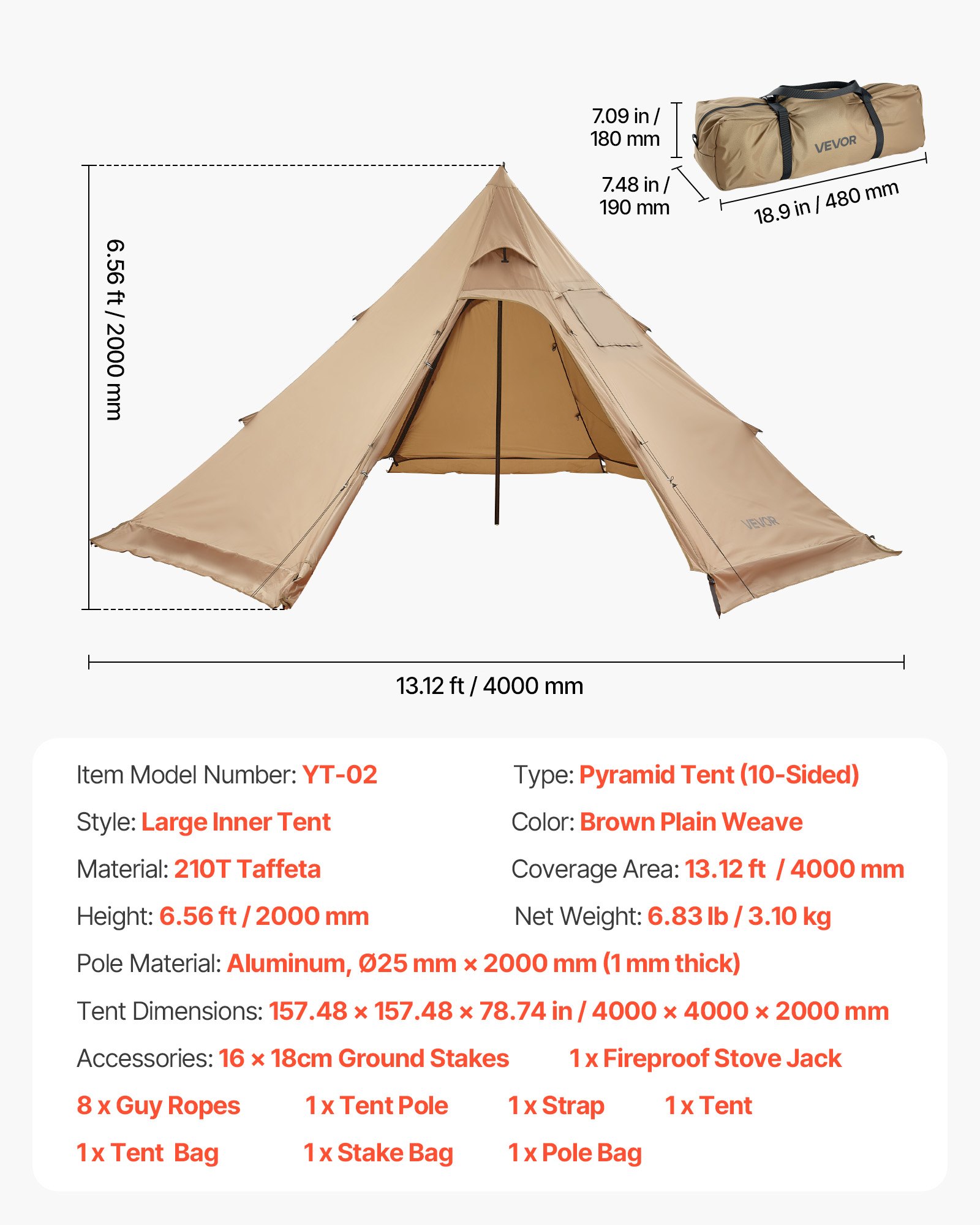 VEVOR Tienda de Campaña Caliente para 4 Personas, Tipi Portátil 400 x 400 x 200 cm con Conector para Estufa, Carpa Cónica de Lona Impermeable para Acampar, Senderismo, Pesca y Mochilero, Talla M