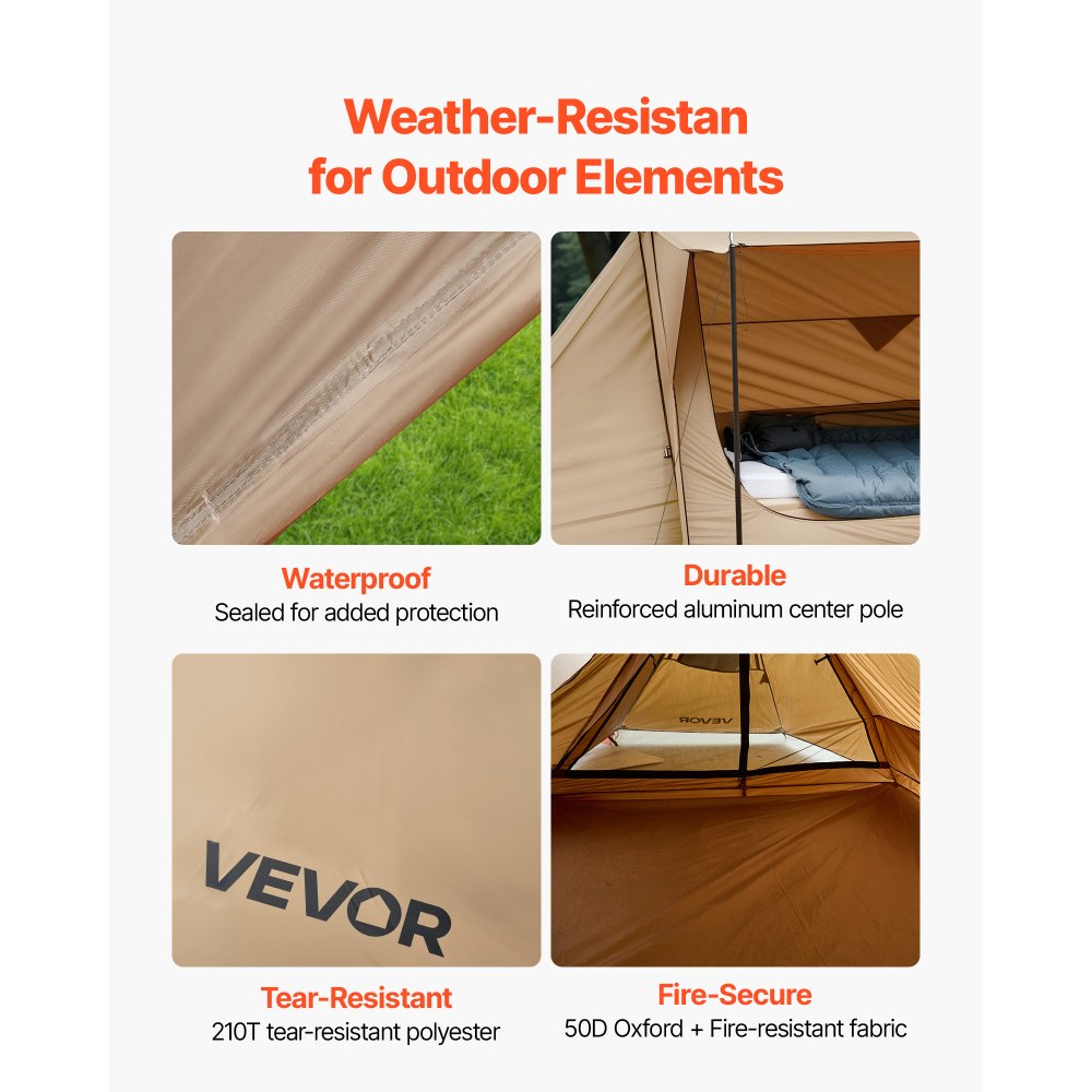 VEVOR Camping Hot Tent, Lightweight Bushcraft Tent with Stove Jack & 2 Tarp Poles, Waterproof Winter Hot Tents Shelters, Portable 4 Season Tents for 2 Persons Hiking Fishing Hunting Backpacking