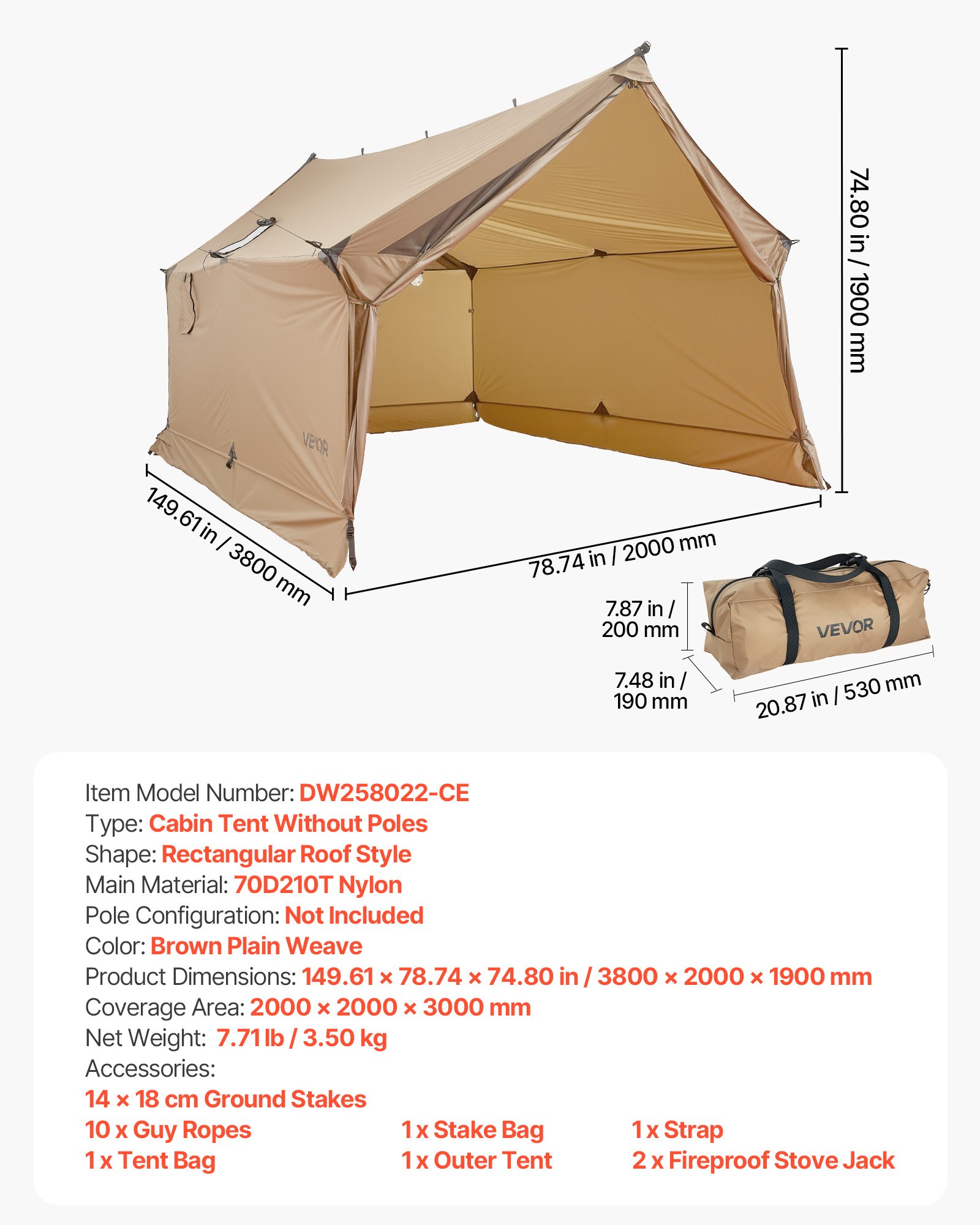 VEVOR Tienda de Campaña Caliente para 2 Personas, Carpa Portátil Tipo Casa 380 x 200 x 190 cm con Orificio para Estufa, Tienda Impermeable para Acampar, Senderismo, Caza, Pesca y Mochilero