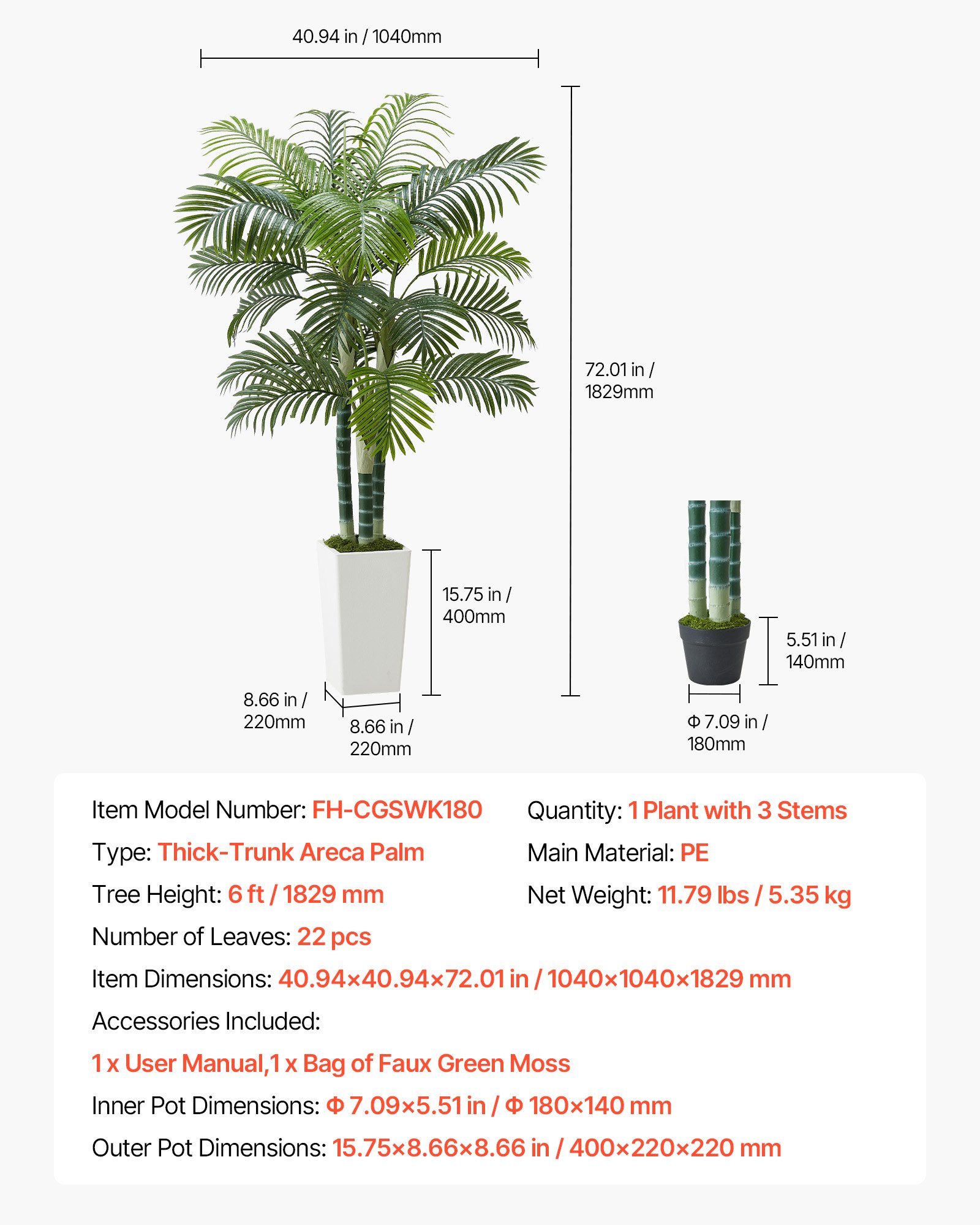 VEVOR Palmera Areca Artificial Tropical de Imitación con Maceta Alta Blanca, para Decoración de Hogar, Oficina, Sala de Estar, Inauguración de Casa, Interior y Exterior, 1040 x 1040 x 1780 mm
