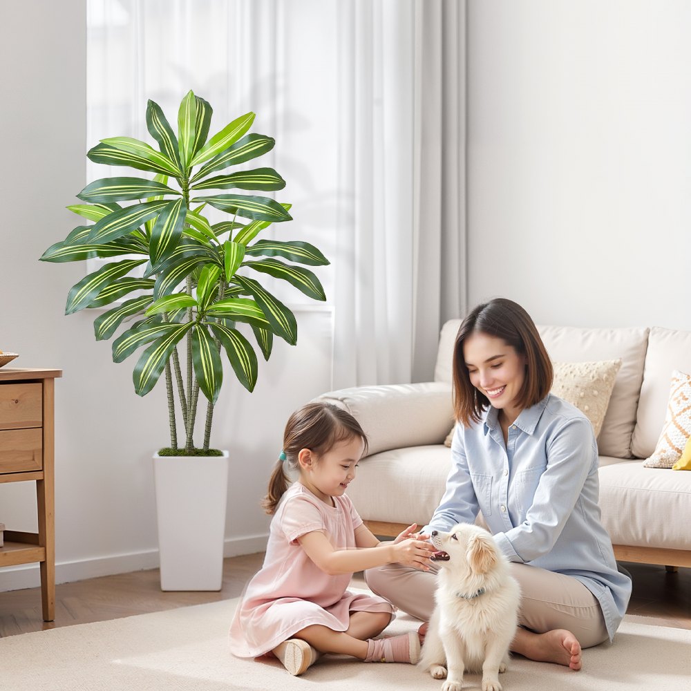 VEVOR Dracaena Artificial Tropical con Macetero Alto Blanco, para Decoración del Hogar, Oficina, Sala de Estar, Inauguración de la Casa, Interior y Exterior, 700 x 700 x 1500 mm, con 5 Tallos