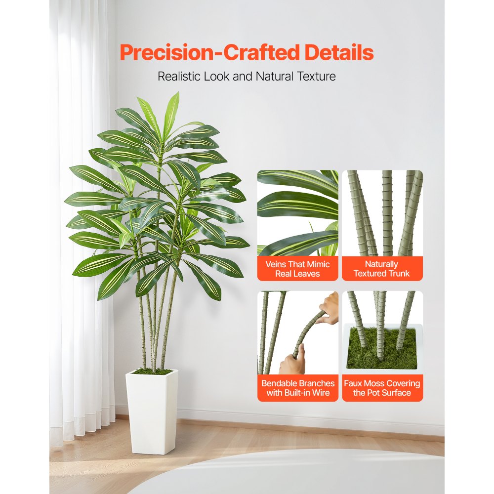VEVOR Dracaena Artificial, Palmera Tropical Artificial con Macetero Alto Blanco, para Decoración del Hogar, Sala de Estar, Inauguración de la Casa, 1 Planta con 5 Tallos, 800 x 800 x 1824 mm