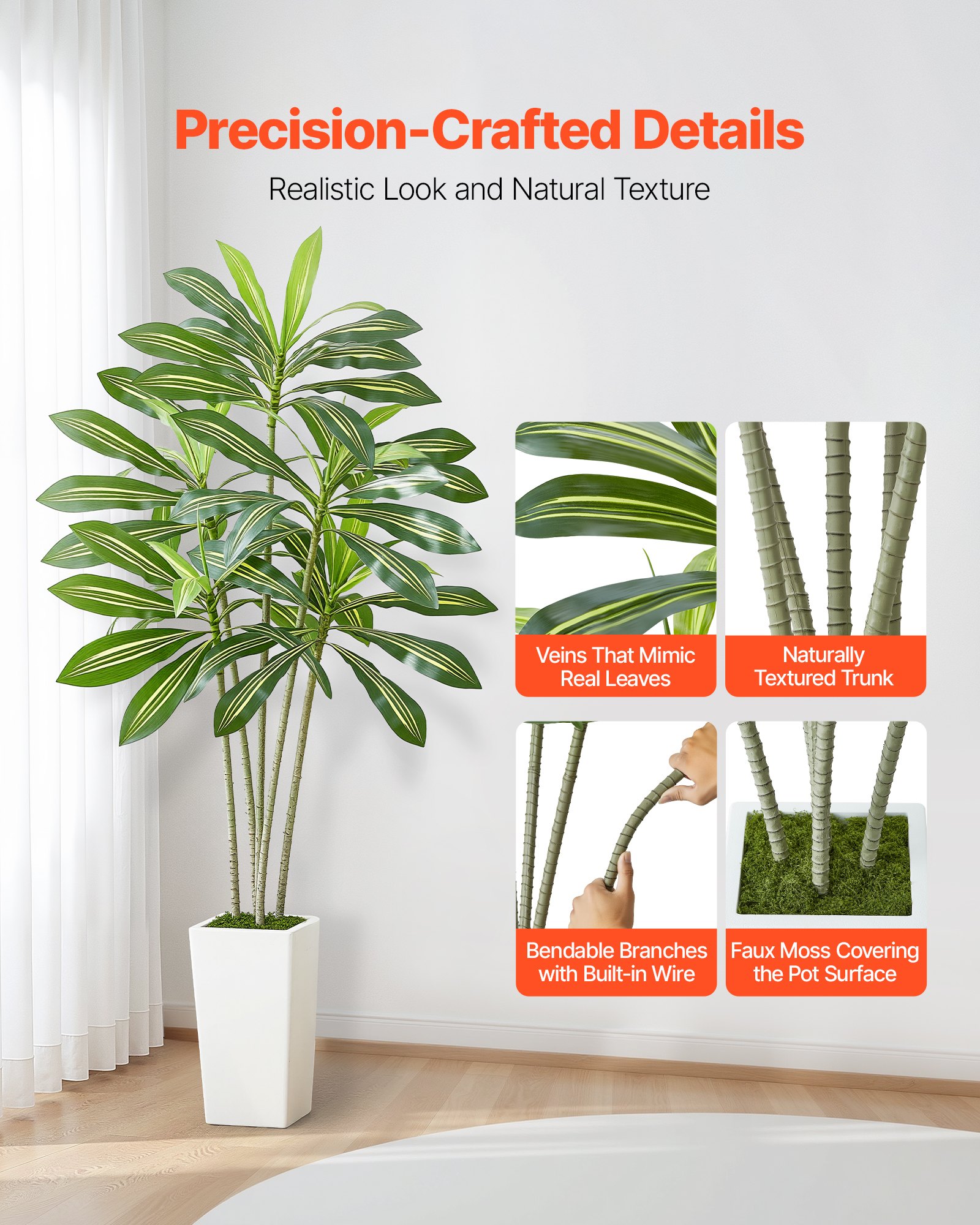 VEVOR Dracaena Artificial, Palmera Tropical Artificial con Macetero Alto Blanco, para Decoración del Hogar, Sala de Estar, Inauguración de la Casa, 1 Planta con 5 Tallos, 800 x 800 x 1824 mm