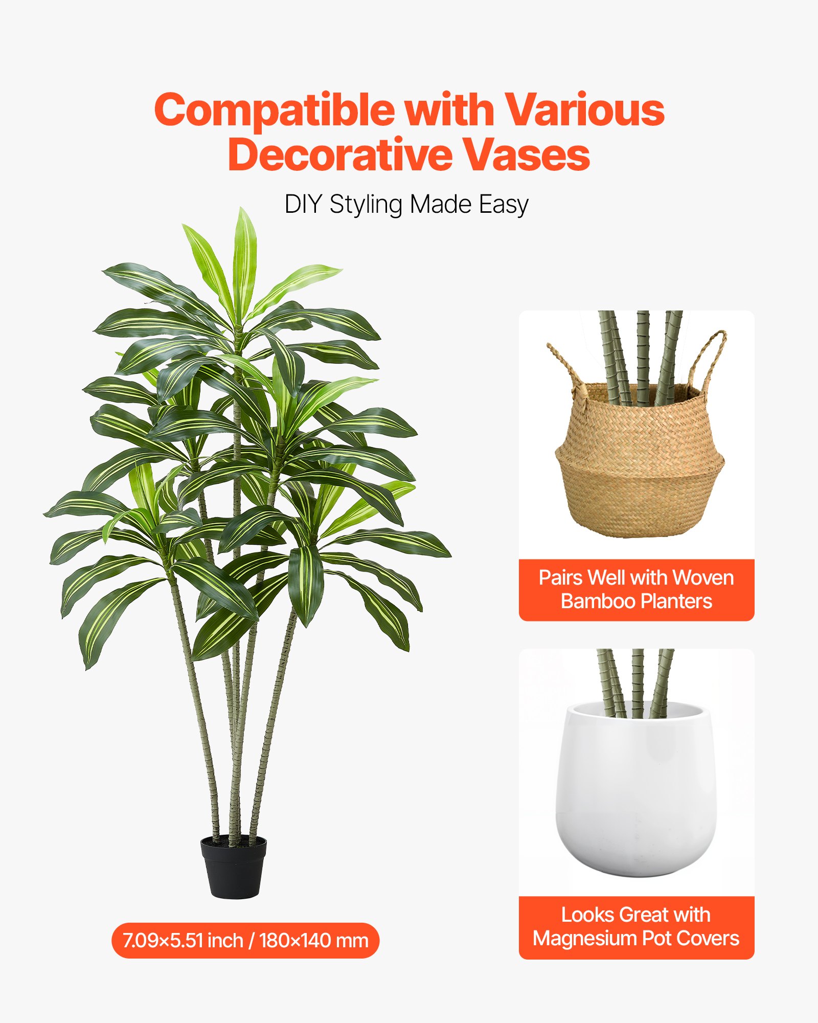 VEVOR Dracaena Artificial, Palmera Tropical Artificial con Macetero Alto Blanco, para Decoración del Hogar, Sala de Estar, Inauguración de la Casa, 1 Planta con 5 Tallos, 800 x 800 x 1824 mm