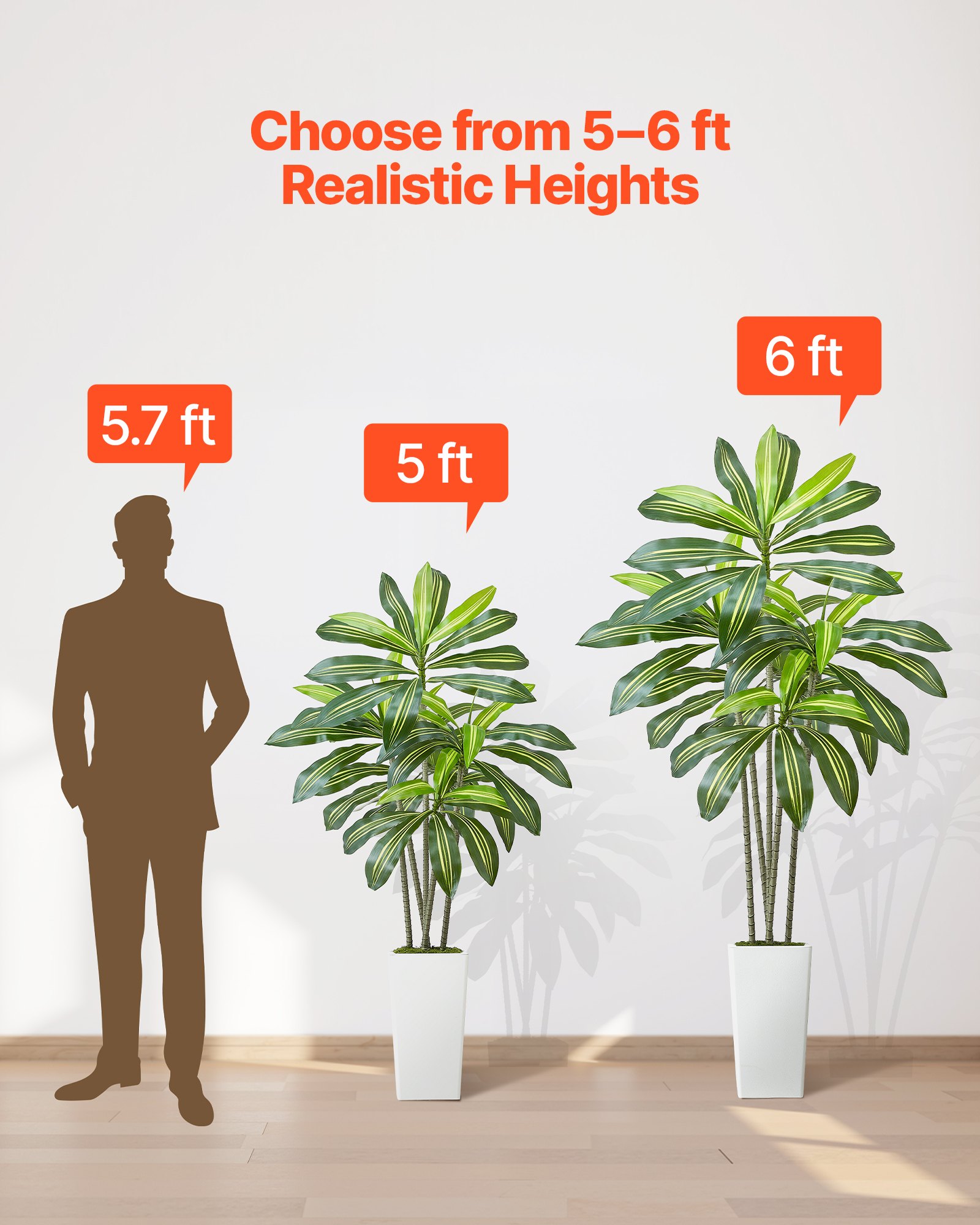 VEVOR Dracaena Artificial, Palmera Tropical Artificial con Macetero Alto Blanco, para Decoración del Hogar, Sala de Estar, Inauguración de la Casa, 1 Planta con 5 Tallos, 800 x 800 x 1824 mm