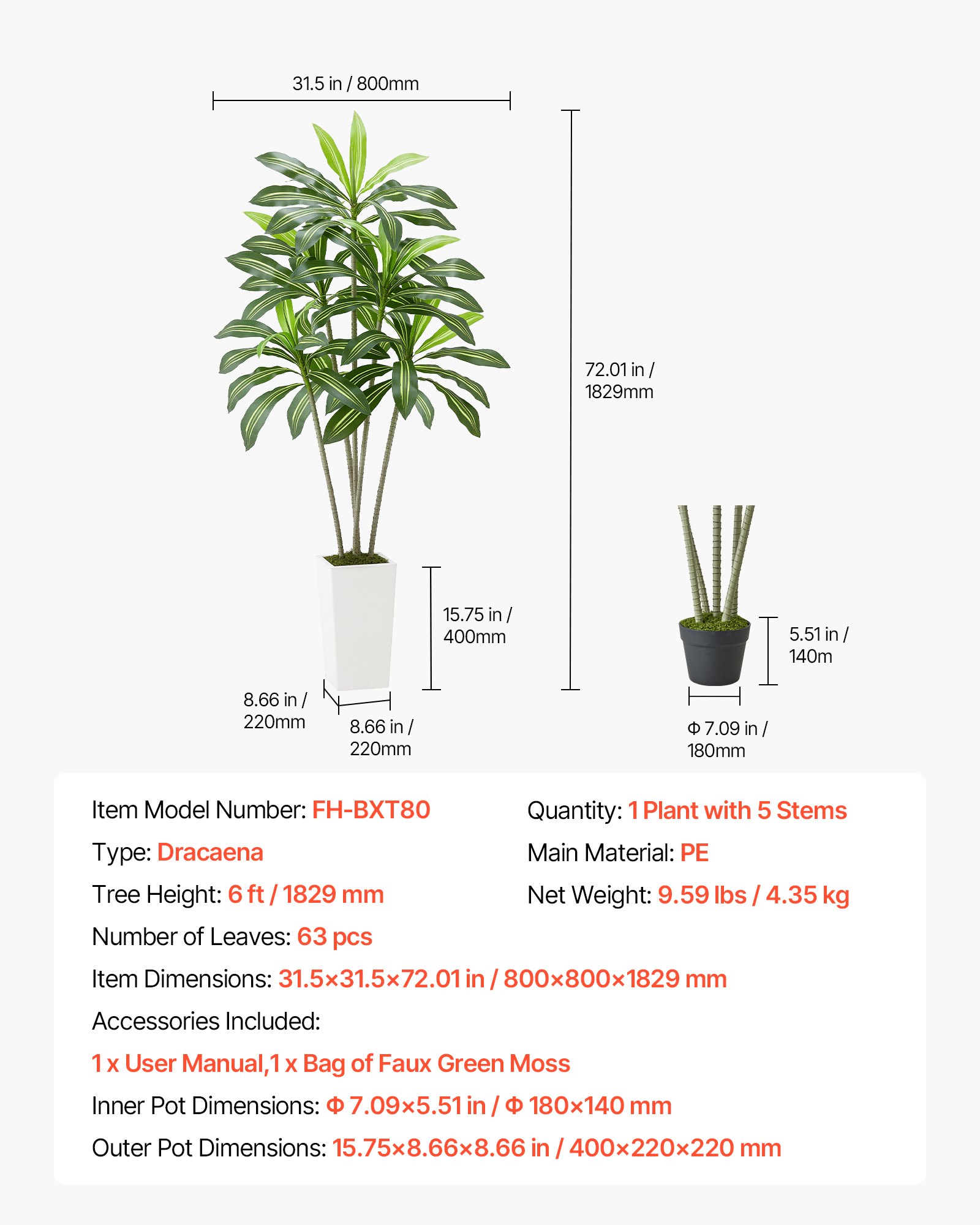 VEVOR Dracaena Artificial, Palmera Tropical Artificial con Macetero Alto Blanco, para Decoración del Hogar, Sala de Estar, Inauguración de la Casa, 1 Planta con 5 Tallos, 800 x 800 x 1824 mm
