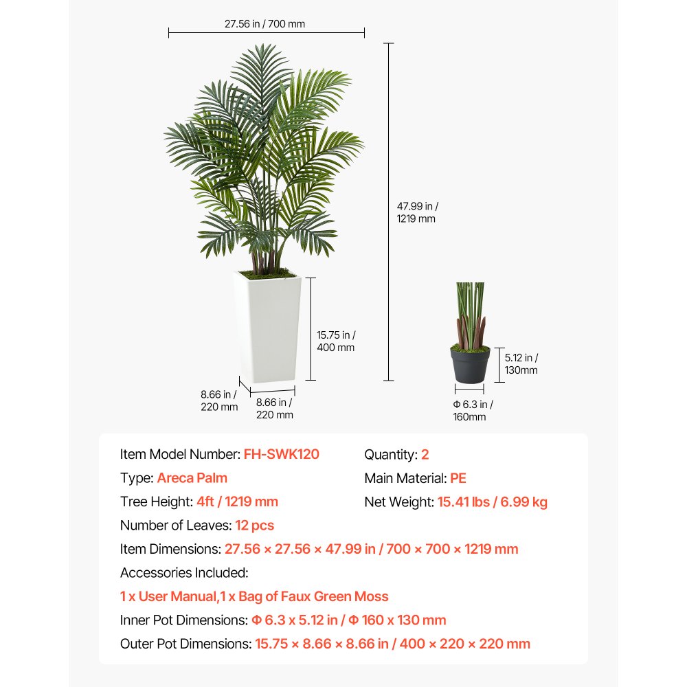 VEVOR Palmera Areca Artificial Tropical Falsa con Maceta Alta Blanca, para Decoración de Hogar, Oficina, Sala de Estar, Inauguración de Casa, Interior Exterior, 700 x 700 x 1220 mm, Verde, 2 uds