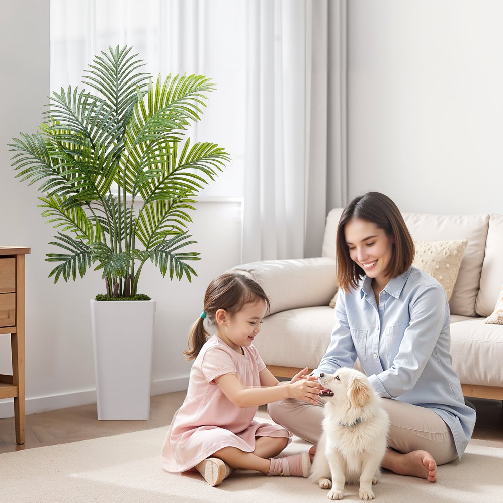 VEVOR Palmera Areca Artificial Tropical Falsa con Maceta Alta Blanca, para Decoración de Hogar, Oficina, Sala de Estar, Inauguración de Casa, Interior Exterior, 700 x 700 x 1220 mm, Verde, 2 uds