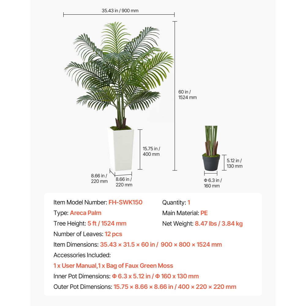 VEVOR Palmera Areca Artificial, Planta Tropical de Imitación con Maceta Alta Blanca, para Decoración de Hogar, Oficina, Sala de Estar, Inauguración de Casa, 900 x 800 x 1540 mm, PE, Verde, 1 ud
