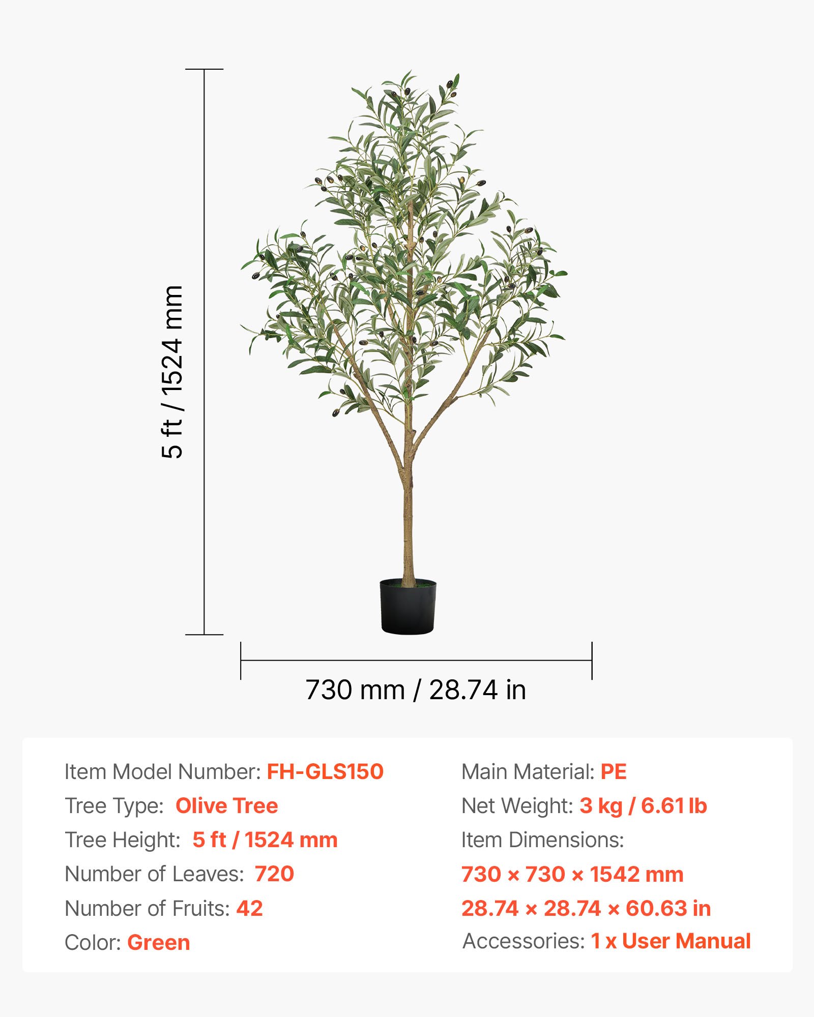 VEVOR Árbol Artificial de Olivo Alto de 1524 mm Planta Artificial de PE para Decoración Árbol Verde Planta Falsa para Hogar, Oficina, Hotel, Centro Comercial, Interior y Exterior, Maceta Negra