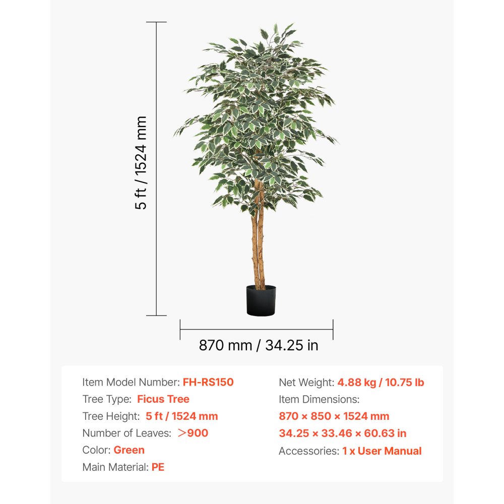 VEVOR Árbol Artificial de Ficus Alto de 1524 mm Planta Artificial de PE para Decoración Árbol Verde Planta Falsa para Hogar, Oficina, Hotel, Centro Comercial, Interior y Exterior, Maceta Negra