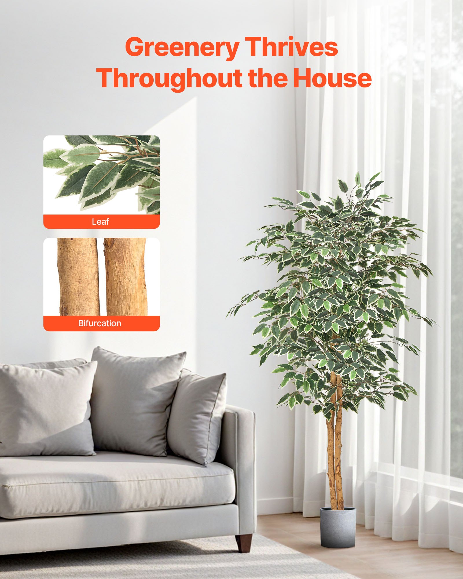VEVOR 150cm Artificial Ficus Tree with Black Pot, Tall Faux Ficus Plant with Natural Wood Trunk and Realistic Green Leaves, Indoor Fake Silk Tree for Home, Office, Living Room, or Corner Décor
