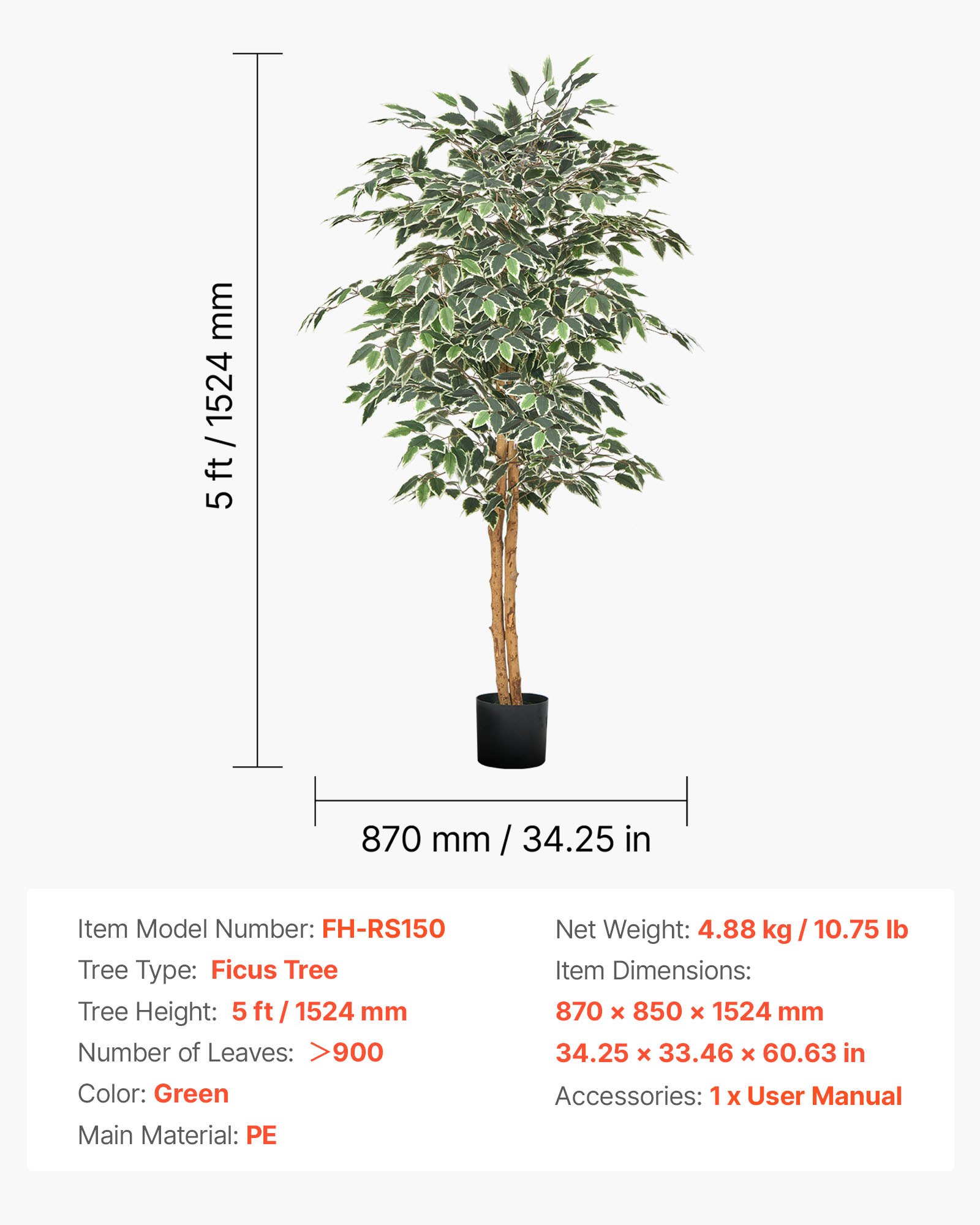 VEVOR Árbol Artificial de Ficus Alto de 1524 mm Planta Artificial de PE para Decoración Árbol Verde Planta Falsa para Hogar, Oficina, Hotel, Centro Comercial, Interior y Exterior, Maceta Negra