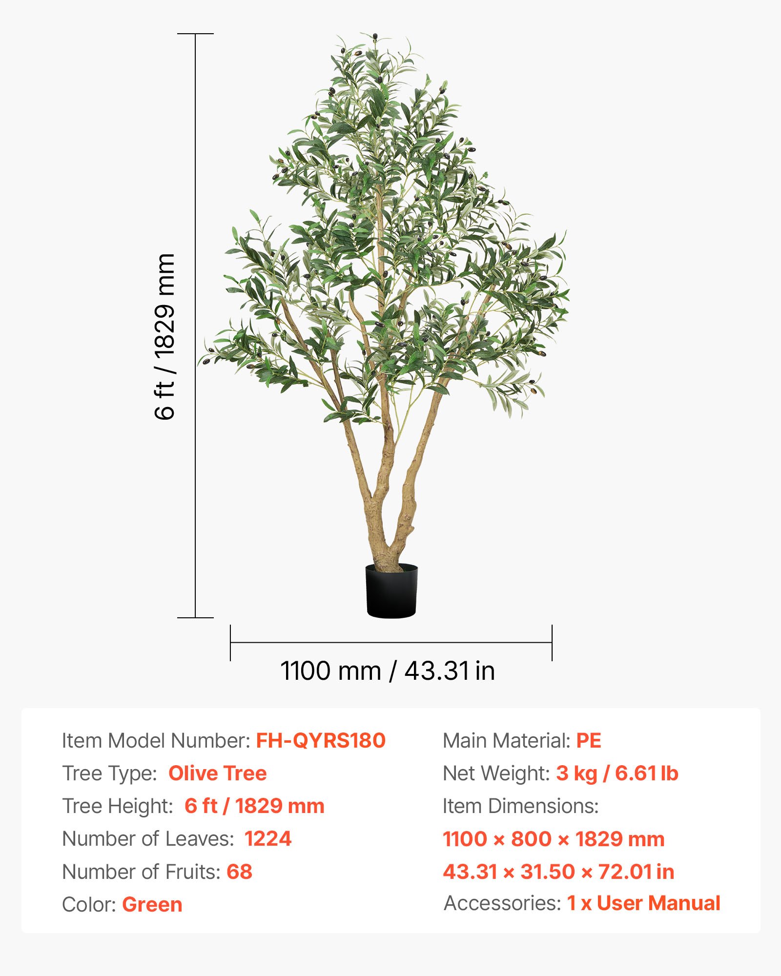 VEVOR 180cm Artificial Olive Tree with Black Pot, Tall Fake Tree with Natural Wood Trunk & Realistic Green Leaves and Fruits, Indoor Faux Plant for Home, Office, Living Room, Corner Decor