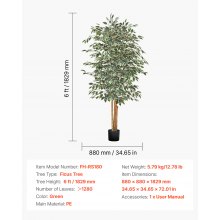 VEVOR Árbol Artificial de Ficus Alto de 183 cm Planta Artificial de PE para Casa