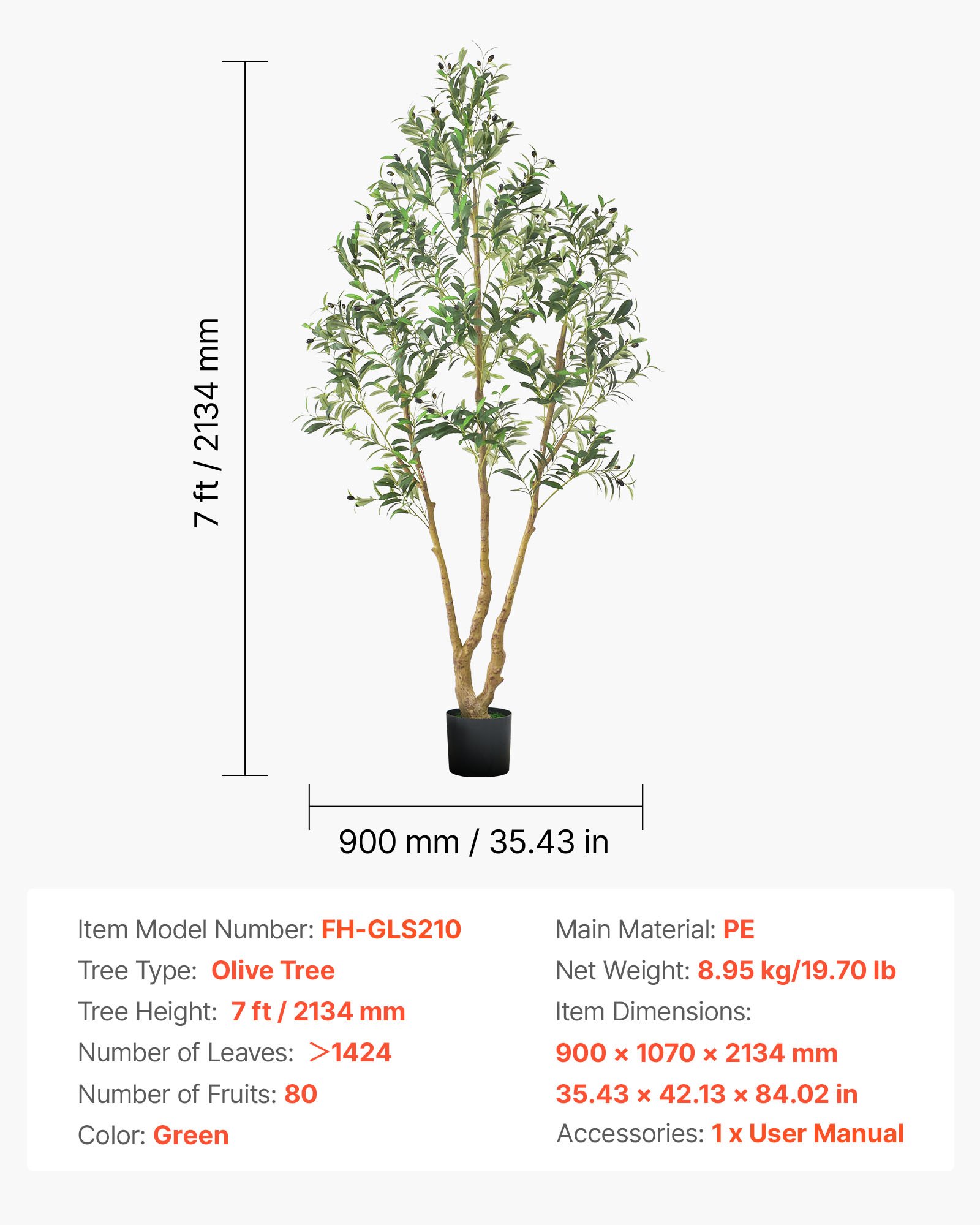 VEVOR 210cm Artificial Olive Tree with Black Pot, Tall Fake Tree with Natural Wood Trunk & Realistic Green Leaves and Fruits, Indoor Faux Plant for Home, Office, Living Room, Corner Decor