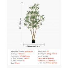 VEVOR Árbol Artificial de Olivo Alto de 244cm Planta Artificial de PE para Casa