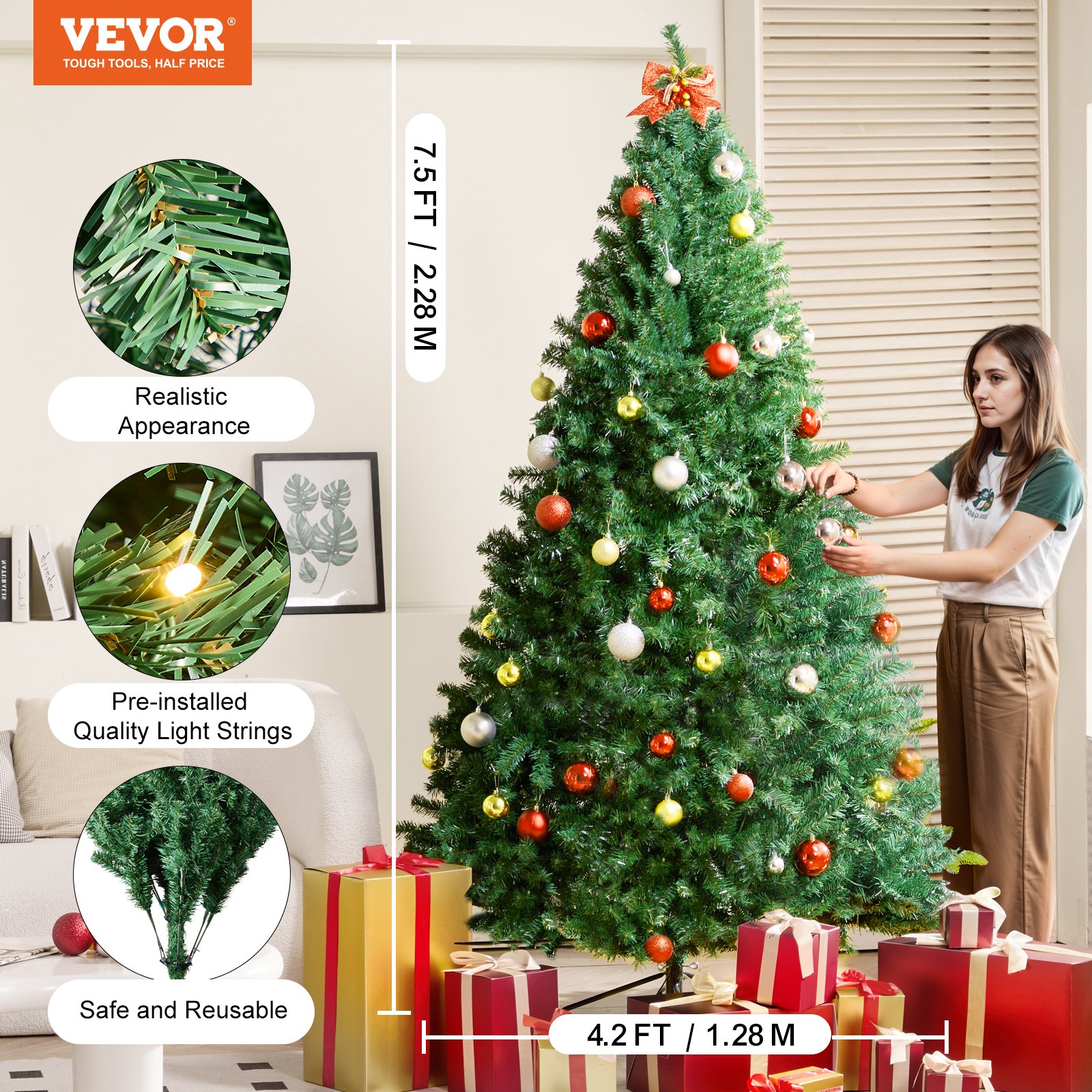 VEVOR Árbol de Navidad Artificial 2,28 m Árbol de Decoración Navideña Completo con 550 Luces LED Color Blanco Cálido 1346 Puntas de Ramas Base de Metal para Decoración de Hogar, Fiesta, Oficina
