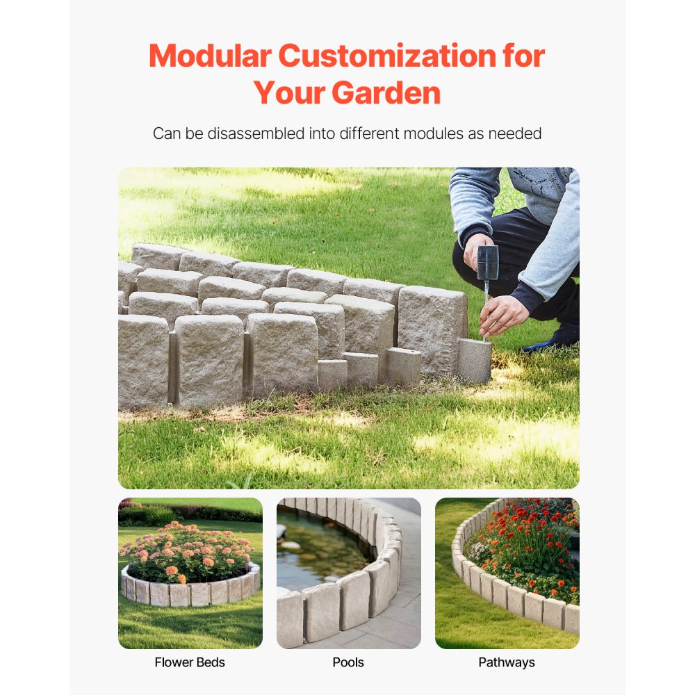 VEVOR Borde de Piedra Artificial para Jardín 120x10x23 cm, 4 Piezas de Borde de Césped Realista Flexible del Tamaño de un Ladrillo con Púas de Anclaje, para Caminos de Acceso y Pasarelas, Beige