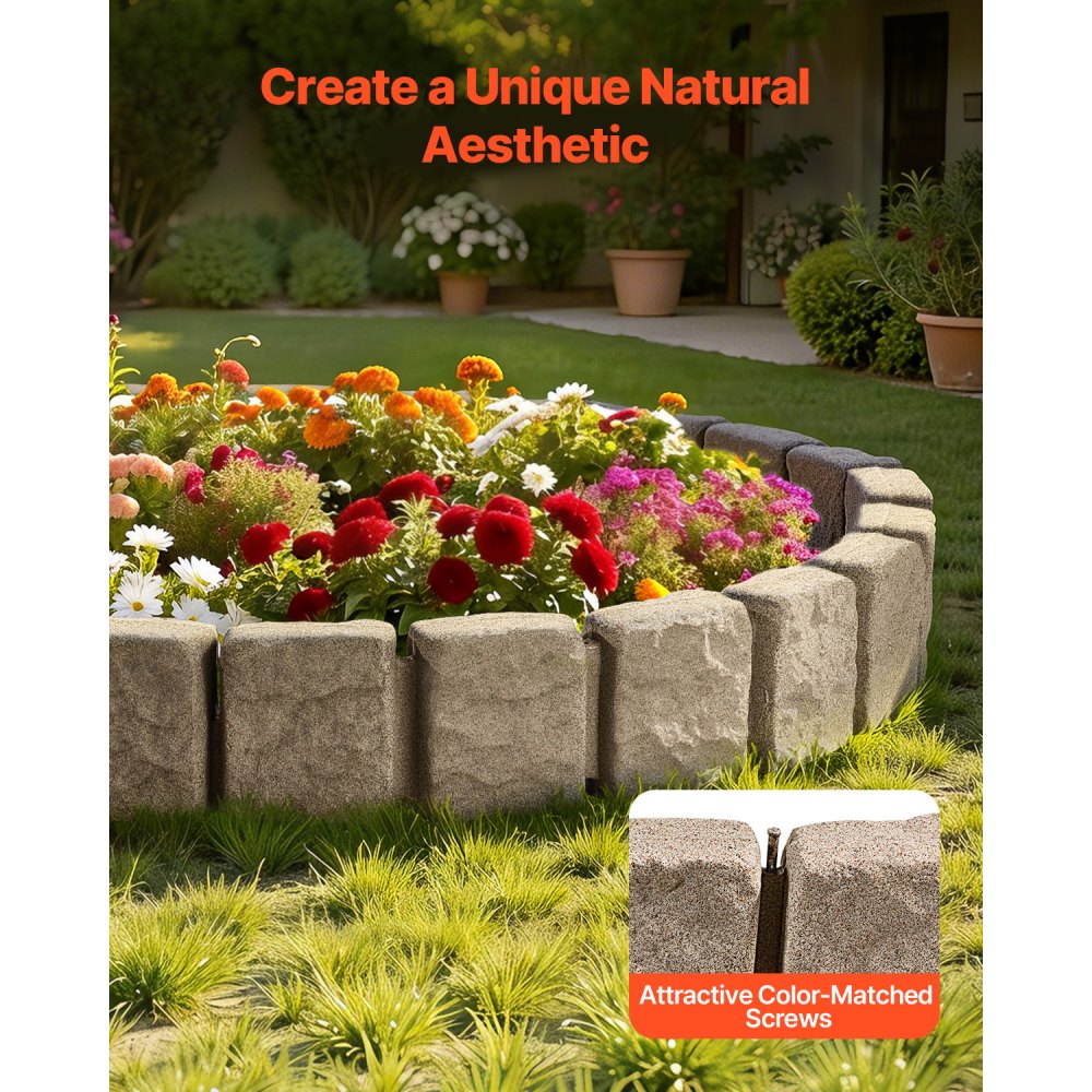 VEVOR Borde de Piedra Artificial para Jardín 120x10x23 cm, 4 Piezas de Borde de Césped Realista Flexible del Tamaño de un Ladrillo con Púas de Anclaje, para Caminos de Acceso y Pasarelas, Beige