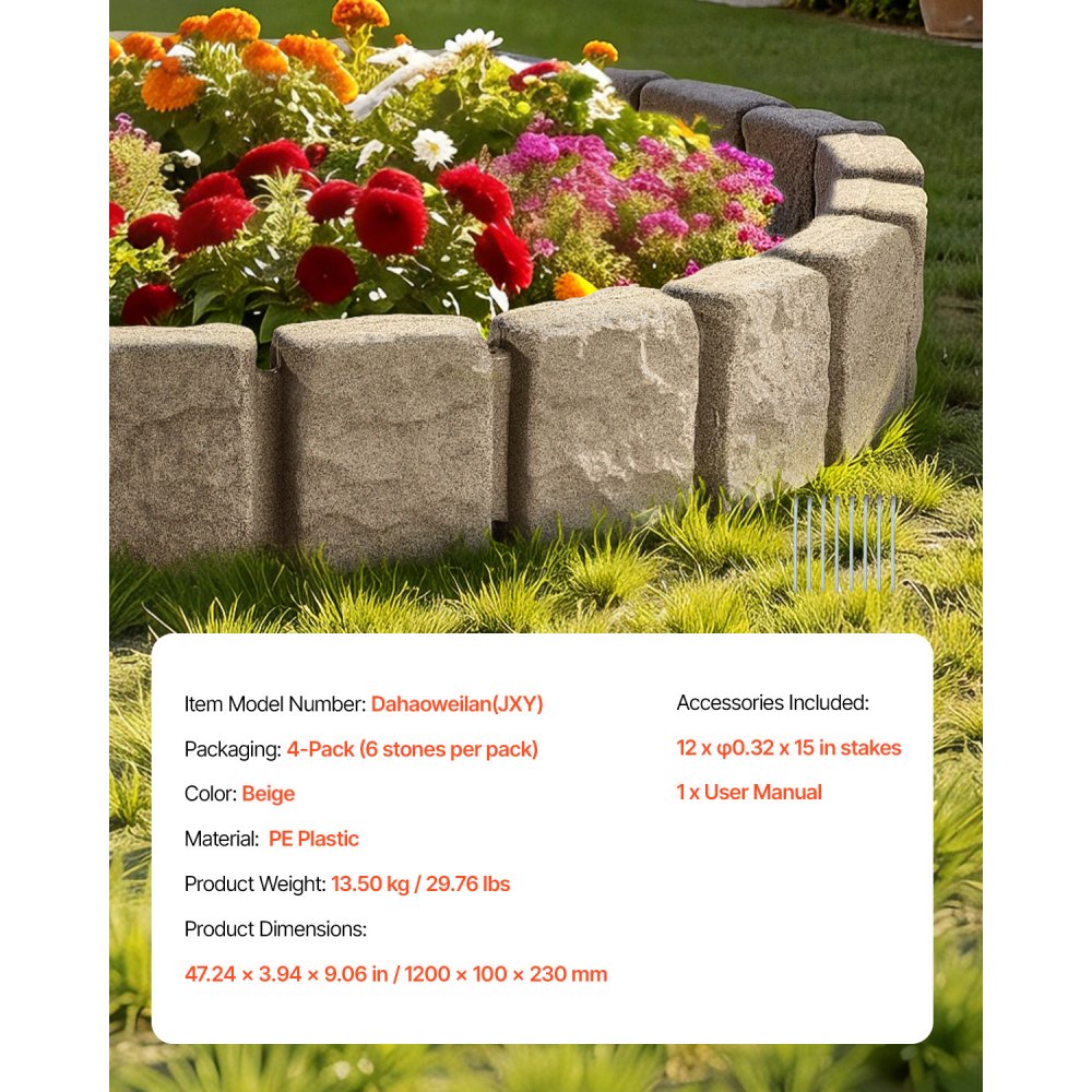 VEVOR Borde de Piedra Artificial para Jardín 120x10x23 cm, 4 Piezas de Borde de Césped Realista Flexible del Tamaño de un Ladrillo con Púas de Anclaje, para Caminos de Acceso y Pasarelas, Beige
