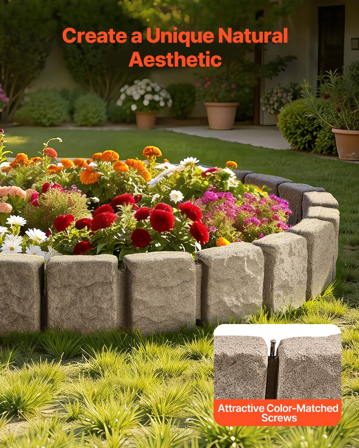 VEVOR Borde de Piedra Artificial para Jardín 120x10x23 cm, 4 Piezas de Borde de Césped Realista Flexible del Tamaño de un Ladrillo con Púas de Anclaje, para Caminos de Acceso y Pasarelas, Beige