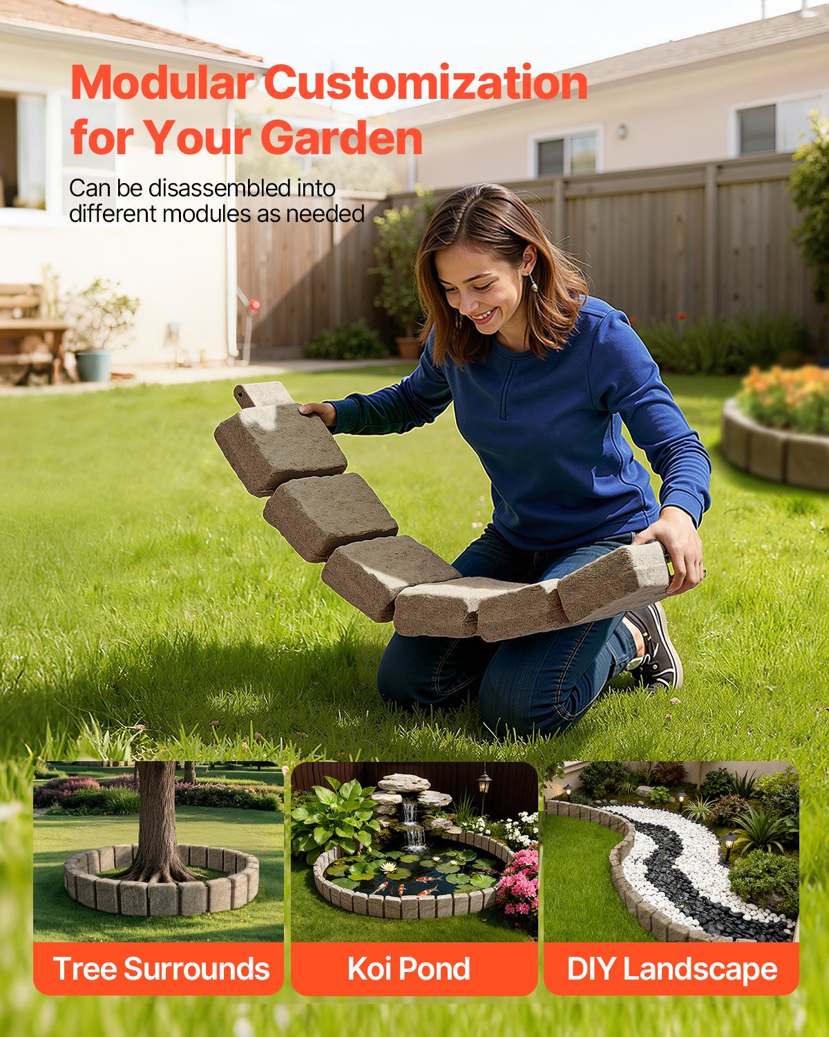 VEVOR Borde de Piedra Artificial para Jardín 120x10x23 cm, 4 Piezas de Borde de Césped Realista Flexible del Tamaño de un Ladrillo con Púas de Anclaje, para Caminos de Acceso y Pasarelas, Beige