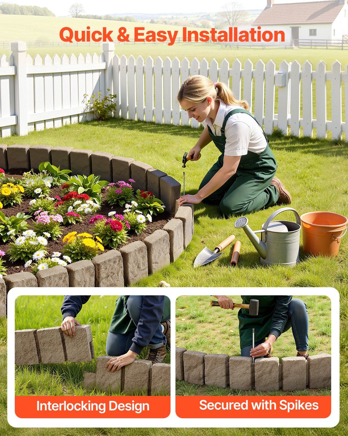 VEVOR Borde de Piedra Artificial para Jardín 120x10x23 cm, 4 Piezas de Borde de Césped Realista Flexible del Tamaño de un Ladrillo con Púas de Anclaje, para Caminos de Acceso y Pasarelas, Beige