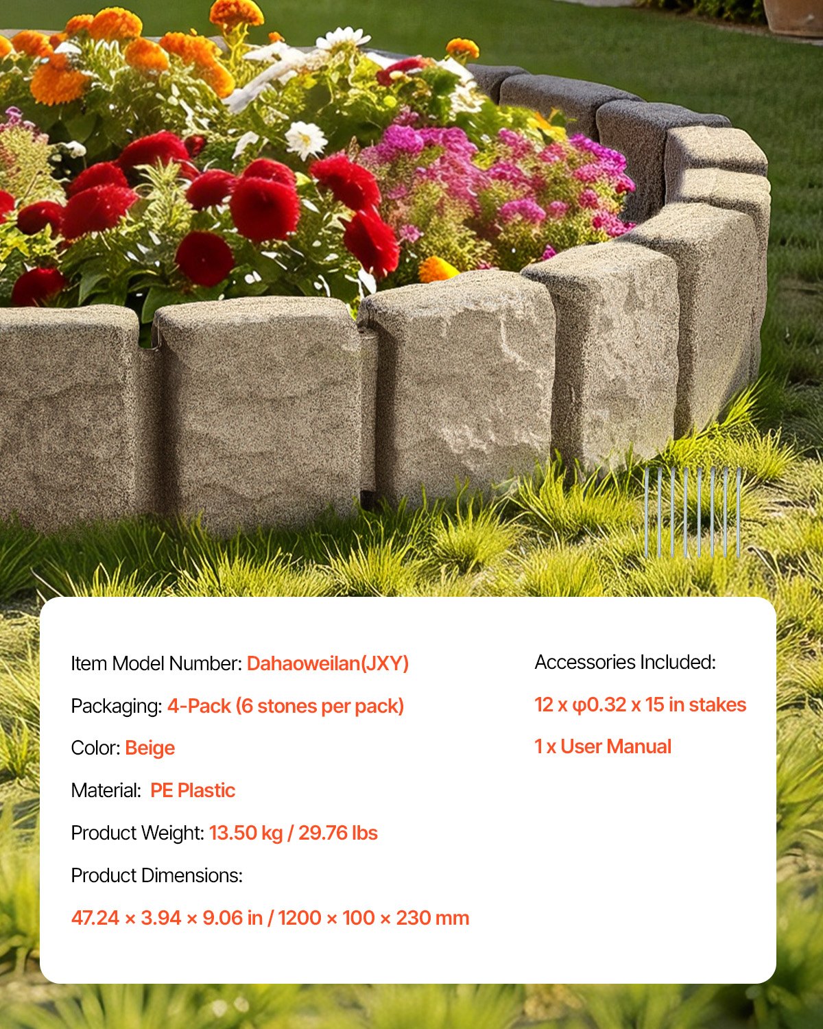 VEVOR Borde de Piedra Artificial para Jardín 120x10x23 cm, 4 Piezas de Borde de Césped Realista Flexible del Tamaño de un Ladrillo con Púas de Anclaje, para Caminos de Acceso y Pasarelas, Beige