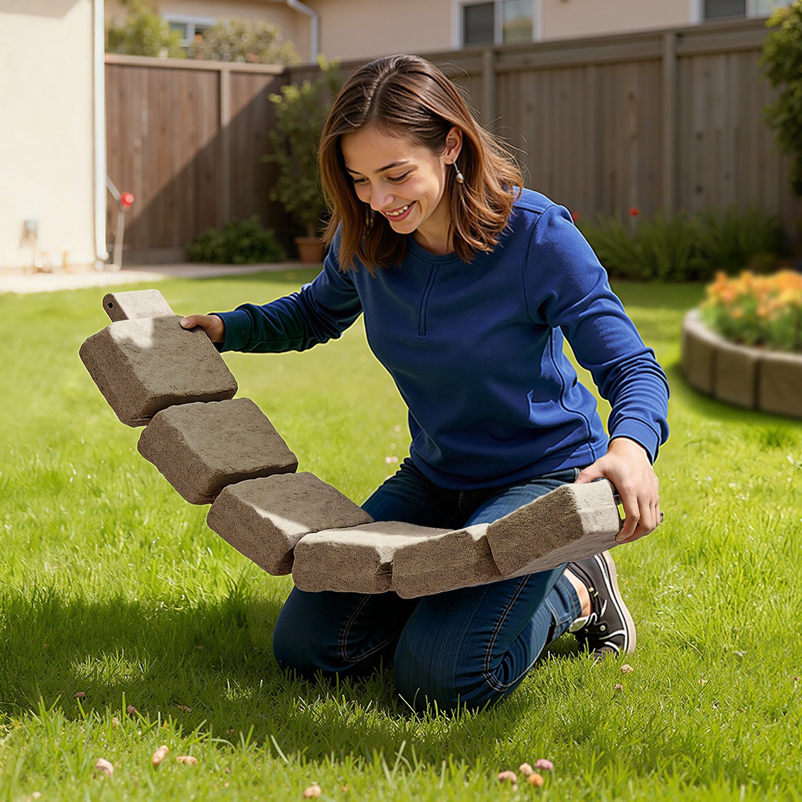 VEVOR Borde de Piedra Artificial para Jardín 120x10x23 cm, 4 Piezas de Borde de Césped Realista Flexible del Tamaño de un Ladrillo con Púas de Anclaje, para Caminos de Acceso y Pasarelas, Beige