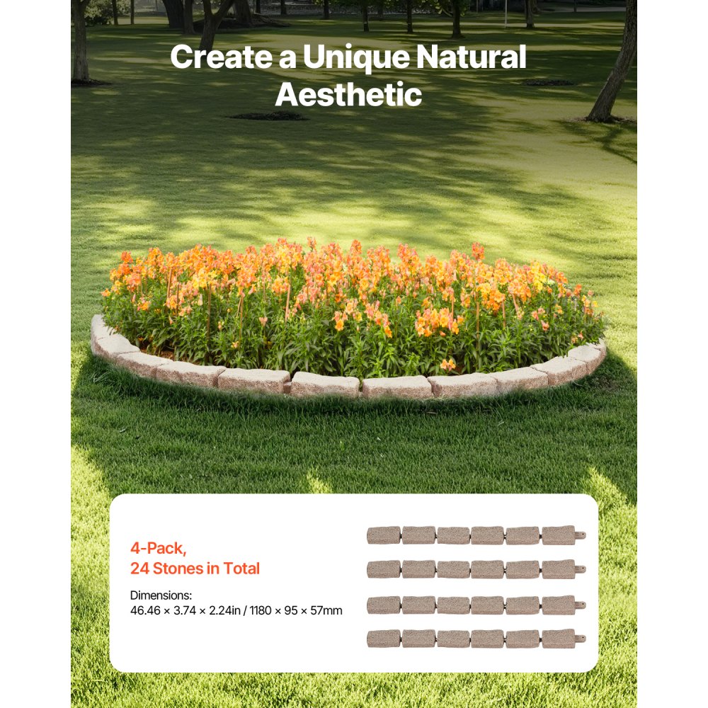 VEVOR Lawn Edging in Stone Look, Set of 4, 1180x95x57 mm, Bed Edging, Flexible Garden Border in Brick Size with Anchoring Spikes, Light-Resistant Bed Border for Driveways, Walkways, Brown