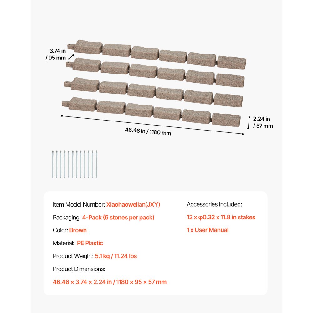 VEVOR Lawn Edging in Stone Look, Set of 4, 1180x95x57 mm, Bed Edging, Flexible Garden Border in Brick Size with Anchoring Spikes, Light-Resistant Bed Border for Driveways, Walkways, Brown