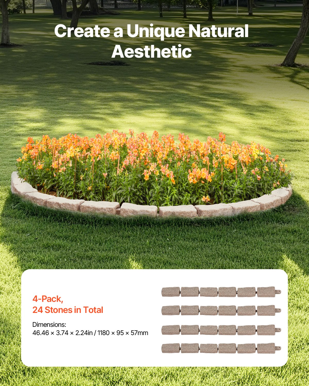 VEVOR Lawn Edging in Stone Look, Set of 4, 1180x95x57 mm, Bed Edging, Flexible Garden Border in Brick Size with Anchoring Spikes, Light-Resistant Bed Border for Driveways, Walkways, Brown