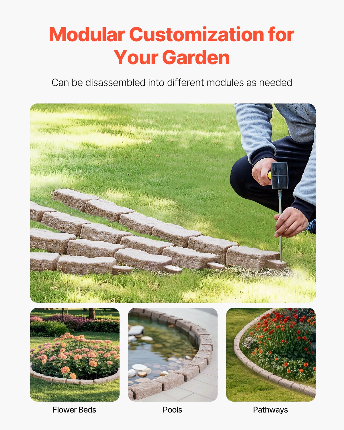 VEVOR Lawn Edging in Stone Look, Set of 4, 1180x95x57 mm, Bed Edging, Flexible Garden Border in Brick Size with Anchoring Spikes, Light-Resistant Bed Border for Driveways, Walkways, Brown