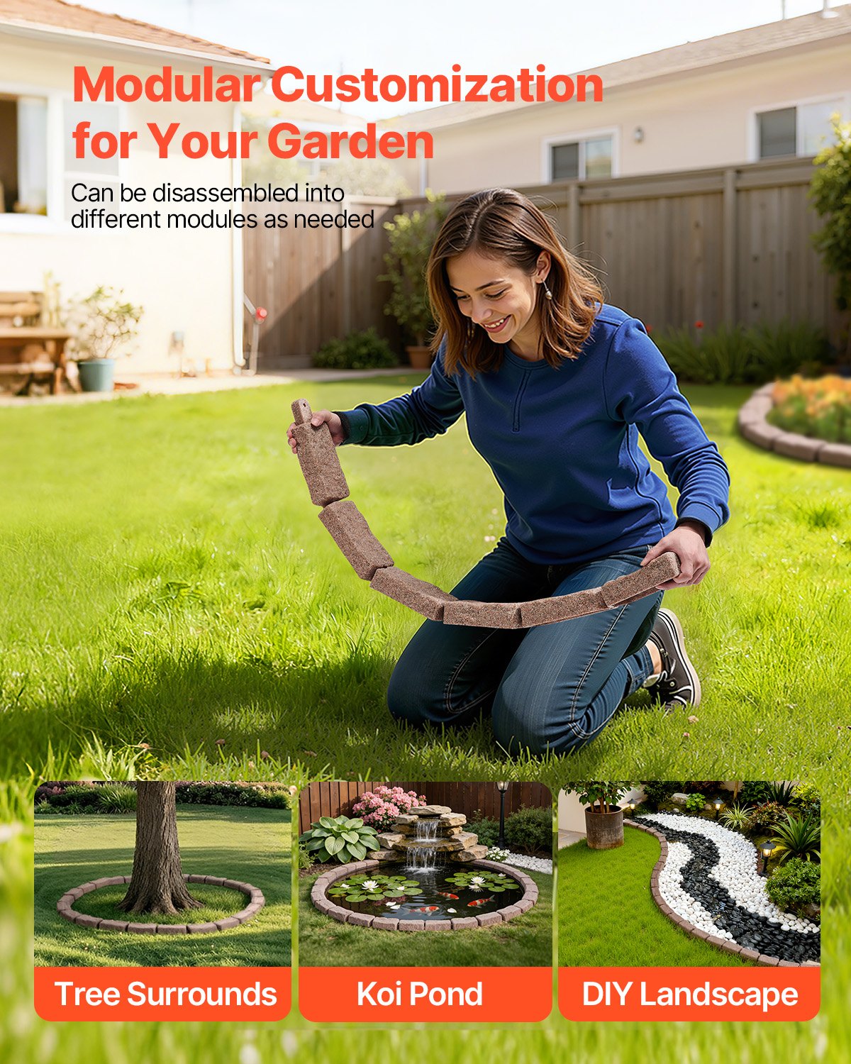 VEVOR Borde de Piedra Artificial para Jardín 1180 x 95 x 57 mm, 4 PCS Borde de Césped Realista Flexible del Tamaño de un Ladrillo con Púas de Anclaje, para Caminos de Acceso y Pasarelas, Marrón